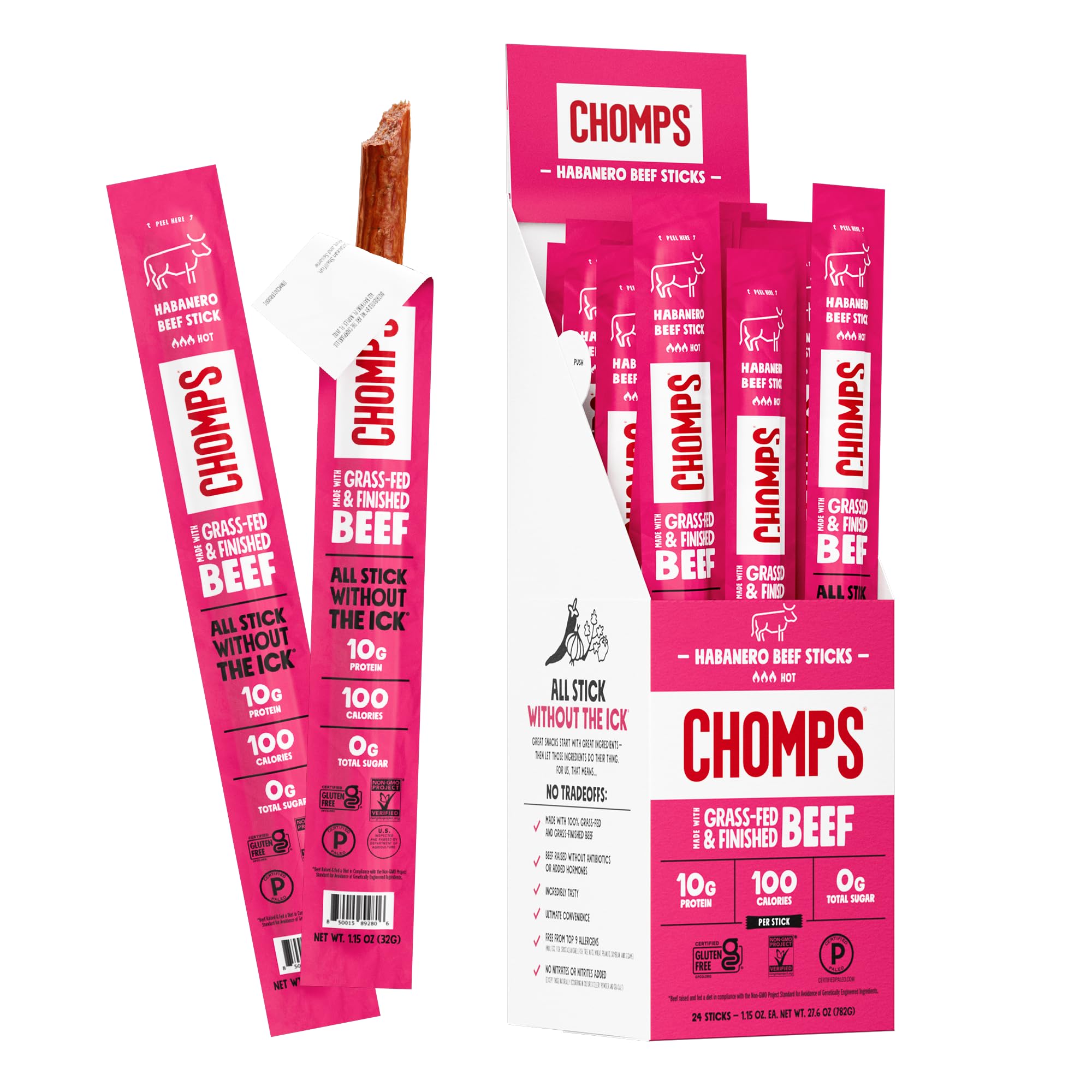 Chomps Grass-Fed and Finished Spicy Habanero Beef Jerky Snack Sticks 24-Pack - Keto, Paleo, Whole30, 10g Lean Meat Protein, Gluten-Free, Zero Sugar Food, Non-GMO
