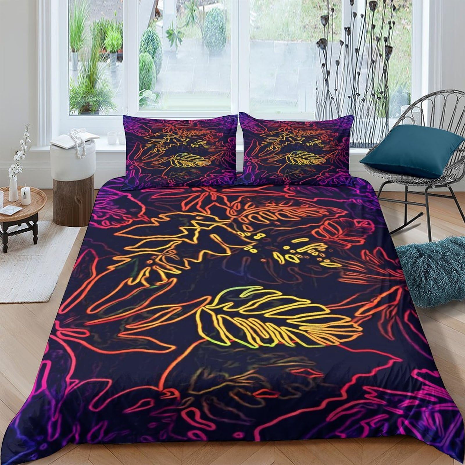 Ctjqhvkz Style-9 3D Printed Neon Tropical Leaves Fitted Sheet Microfiber Soft Anti-Slip Gradient Mattress Cover For Bedroom Dorm Decor Single（135X200cm）