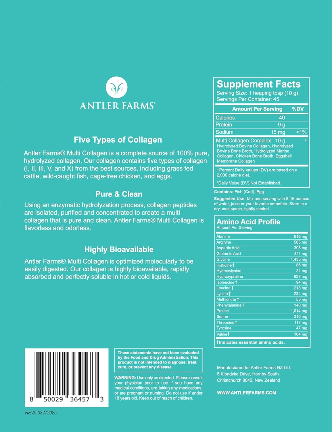 Antler Farms – Multi Collagen Protein Powder – 5 Types (I, II, III, V, and X) 100% Pure Hydrolyzed Collagen Peptides for Men and Women – Bioavailable, Rapid Absorption – Unflavored – 1 lb Antler Farms – Multi Collagen Protein Powder – 5 Types (I, II, III, V, and X) 100% Pure Hydrolyzed Collagen Peptides for Men and Women – Bioavailable, Rapid Absorption – Unflavored – 1 lb