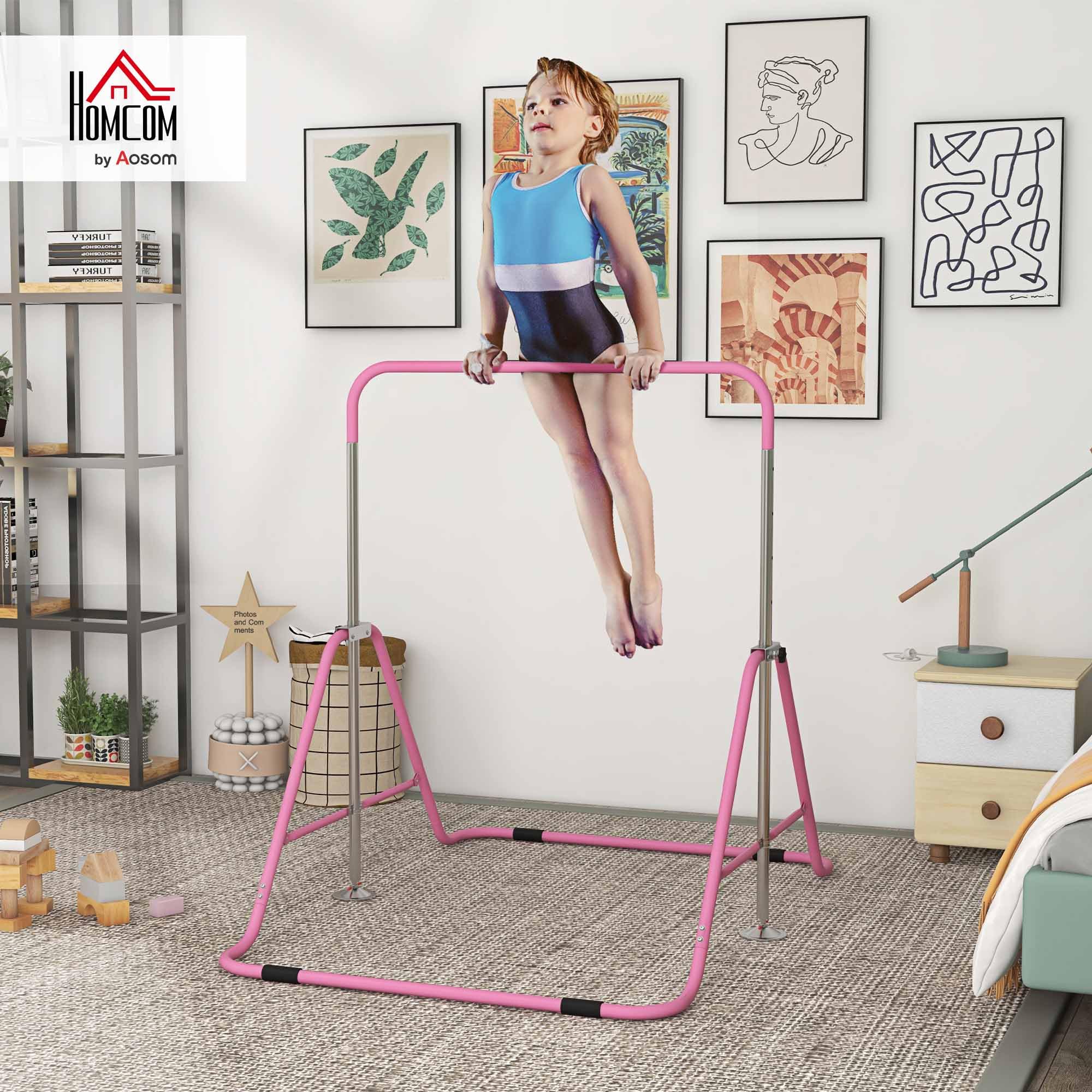 HOMCOM Sbarra per Trazioni Pieghevole per Bambini 3-8 Anni, Sbarra Ginnastica con Altezze Regolabili in 5 Posizioni e Struttura in Acciaio, 154x106.2x88.5-128.5cm, Rosa