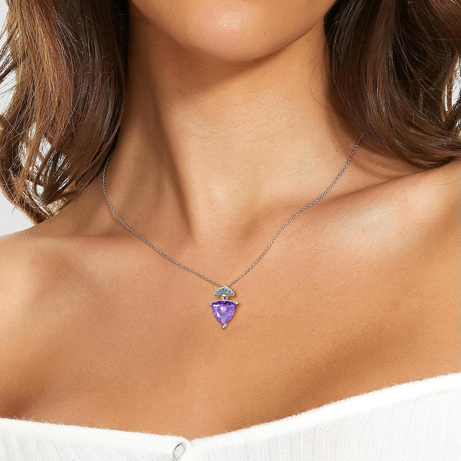 WEAV Colgante Triangular De Cabeza En Forma De Abanico Púrpura Romántico De Plata De Ley 925 Para Mujer, Regalo De Cumpleaños, Collar De Joyería Fina