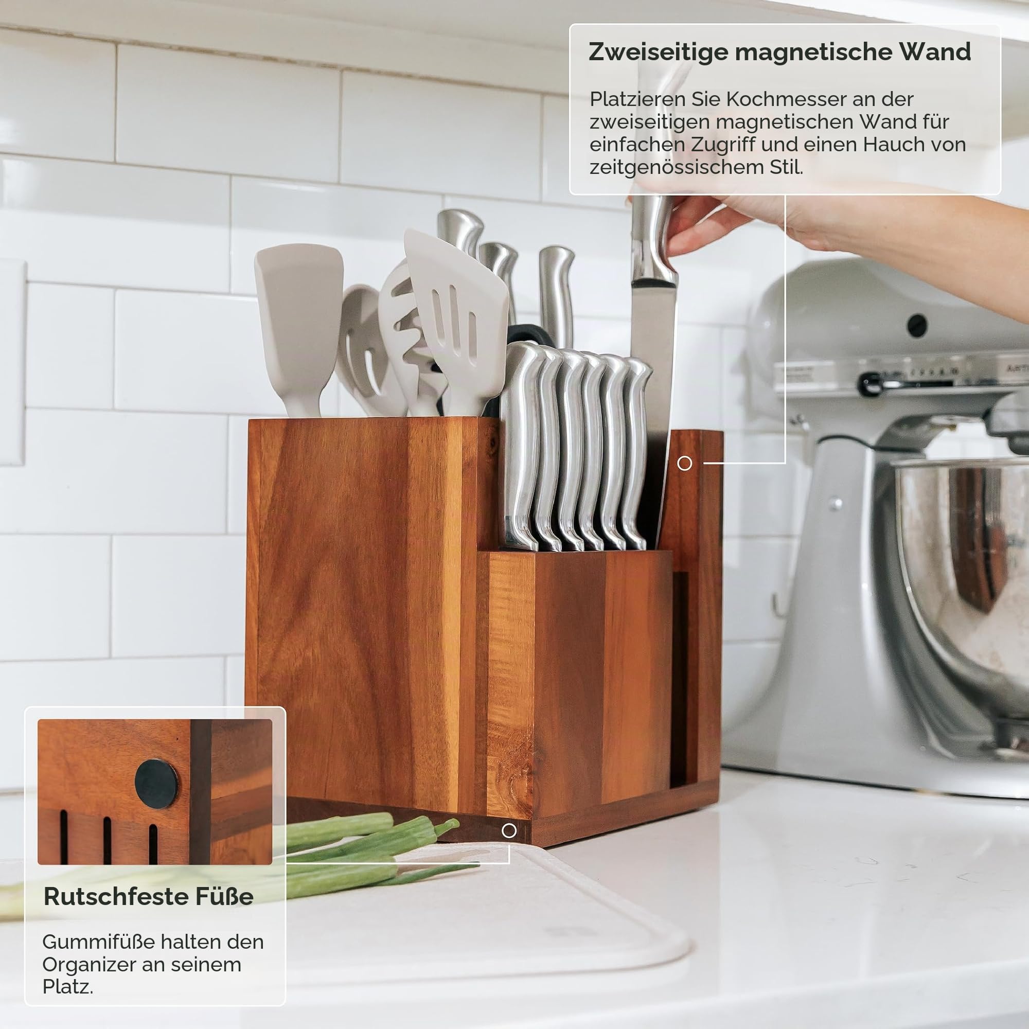 KitchenEdge Magnetischer Akazienblock für Messer und Küchenutensilien, elegante Aufbewahrung für Kochmesser, Steakmesser, Spatel, Schere, rutschfeste Gummifüße