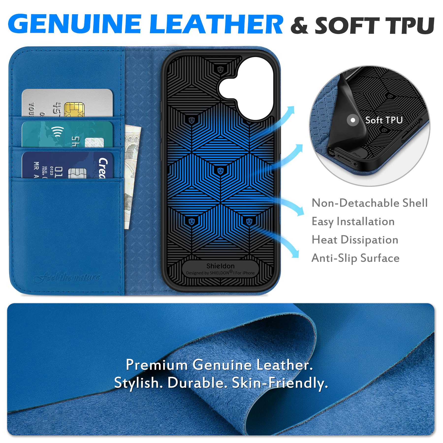 SHIELDON Cover Vera Pelle per iPhone 17 6,3 Pollici 5G 2025, Custodia Portafoglio Antiurto [Slot Schede][Blocco RFID] Chiusura Flip Caso Magnetico Cover Cavalletto, Nero Grano Litchi