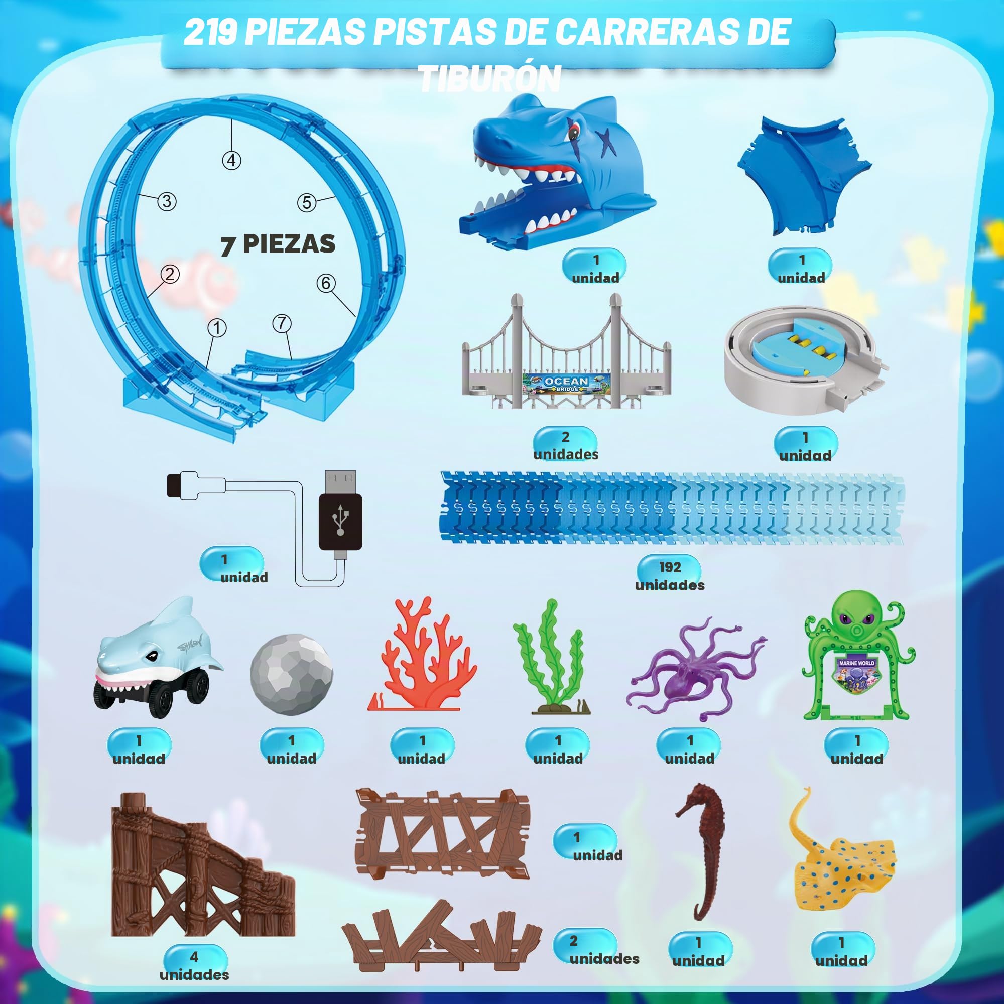 VATOS Shark Track Toys - Juego de pistas de carreras flexibles de 219 piezas con bucles de 360°, auto eléctrico de tiburón y rotación automática, crea una carrera de carretera temática de tiburón