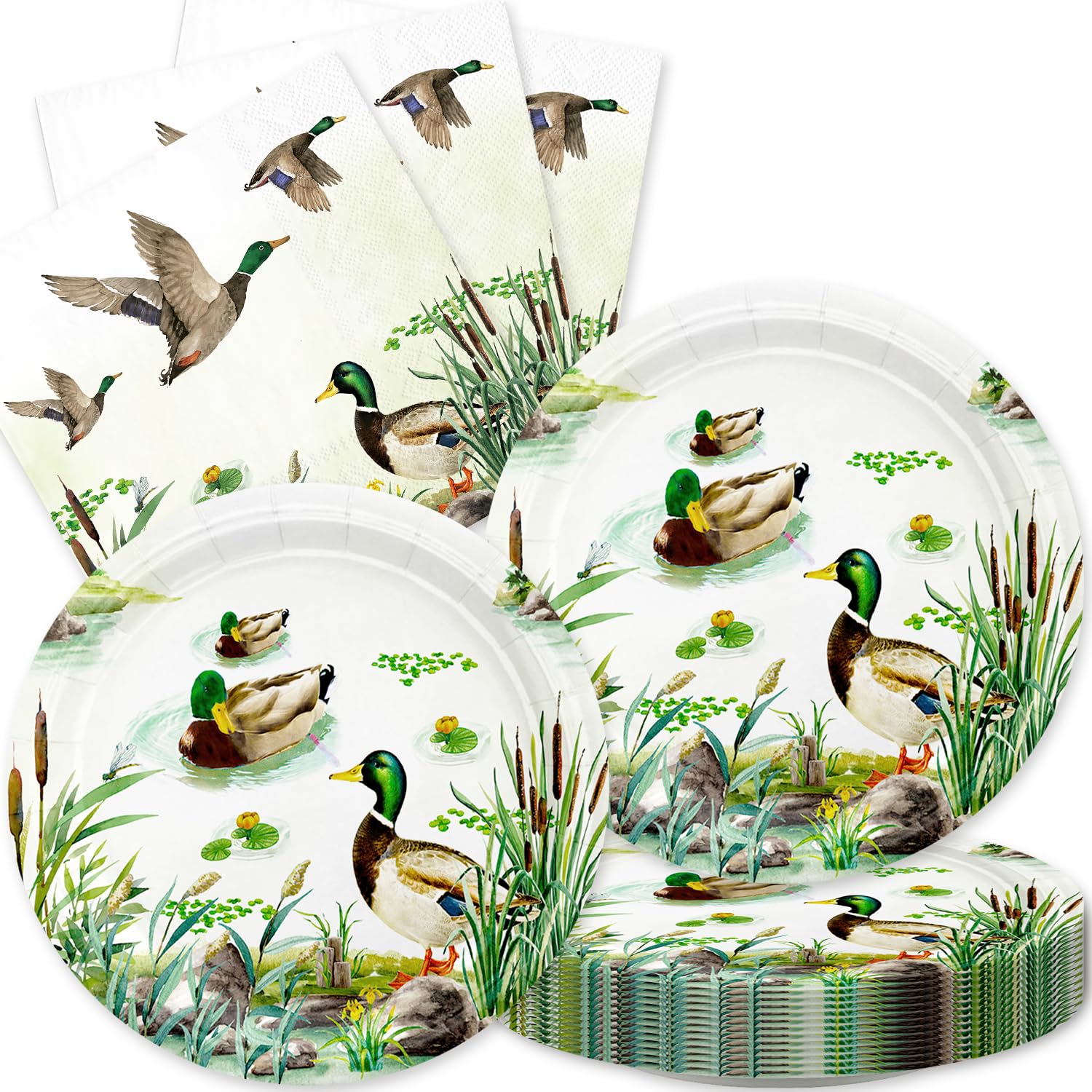 Mallard Duck Baby Shower Decorations 40Pcs Green Hunting Birthday Paper Plates and Napkins Sets Party Supplies for Duck Decor One Lucky Duck Birthday