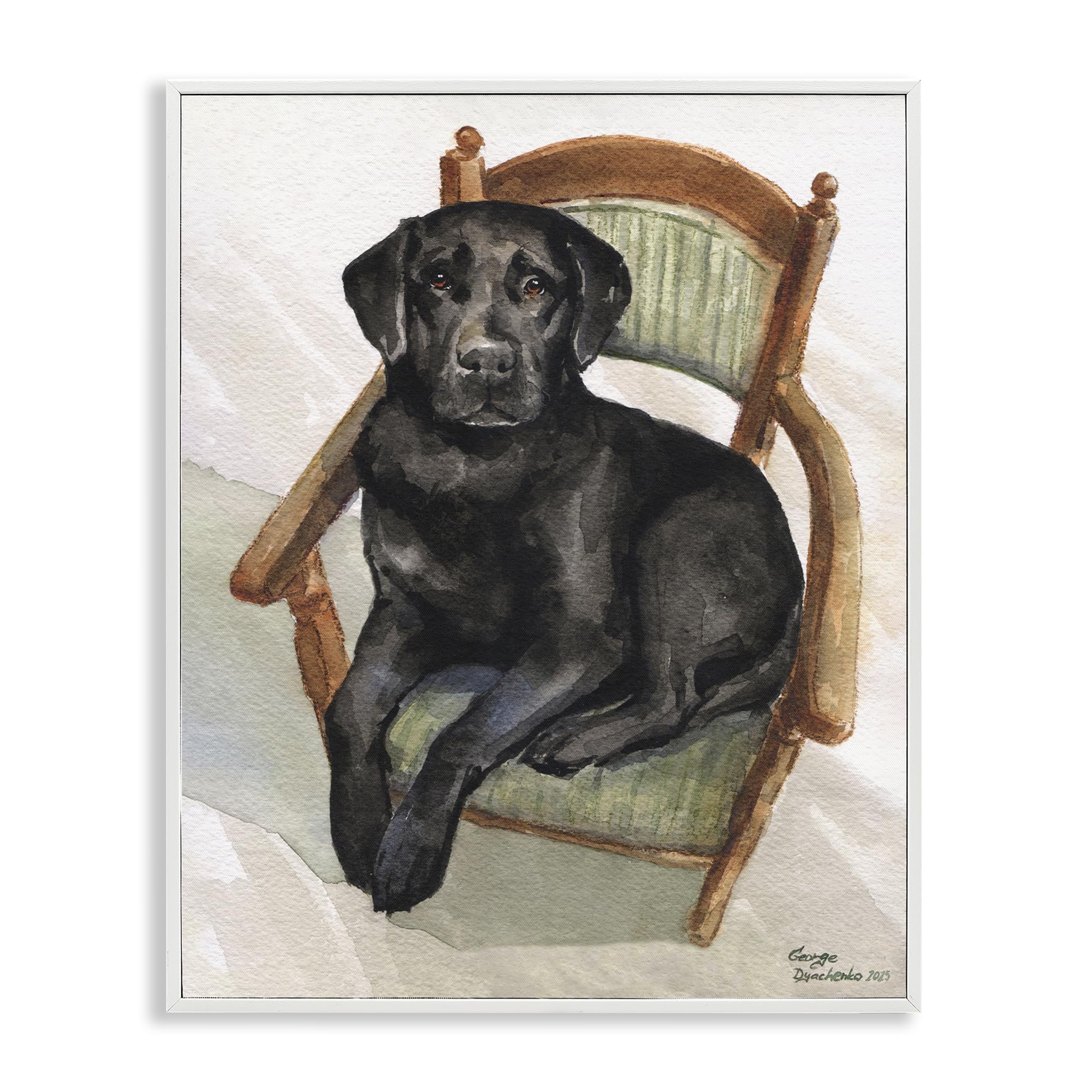 Stupell Industries 'Black Labrador On Chair', Framed Giclee Art, White, 24 x 30 Inches, Easy to Hang and Sturdy, Made in USA, by George Dyachenko