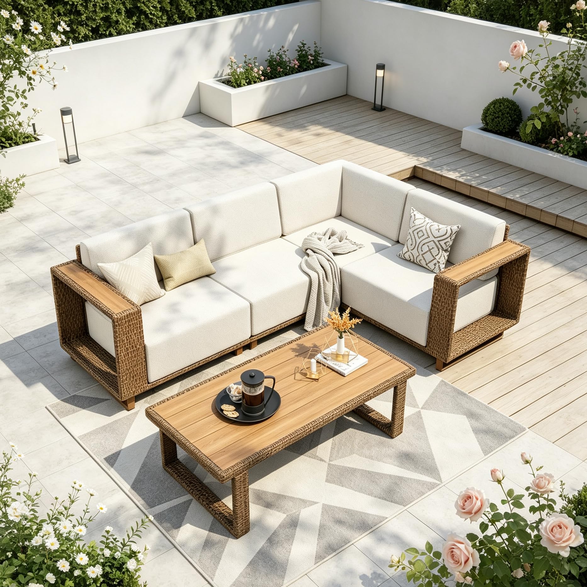 PHI VILLA Rattan Gartenmöbel Set Balkonmöbel für 4, Lounge Möbel Outdoor Sofa Sets für Garten und Terrasse, Allwetter Gartensofa Terassenmöbel Außen mit Dicken Weißen Kissen und Couchtisch