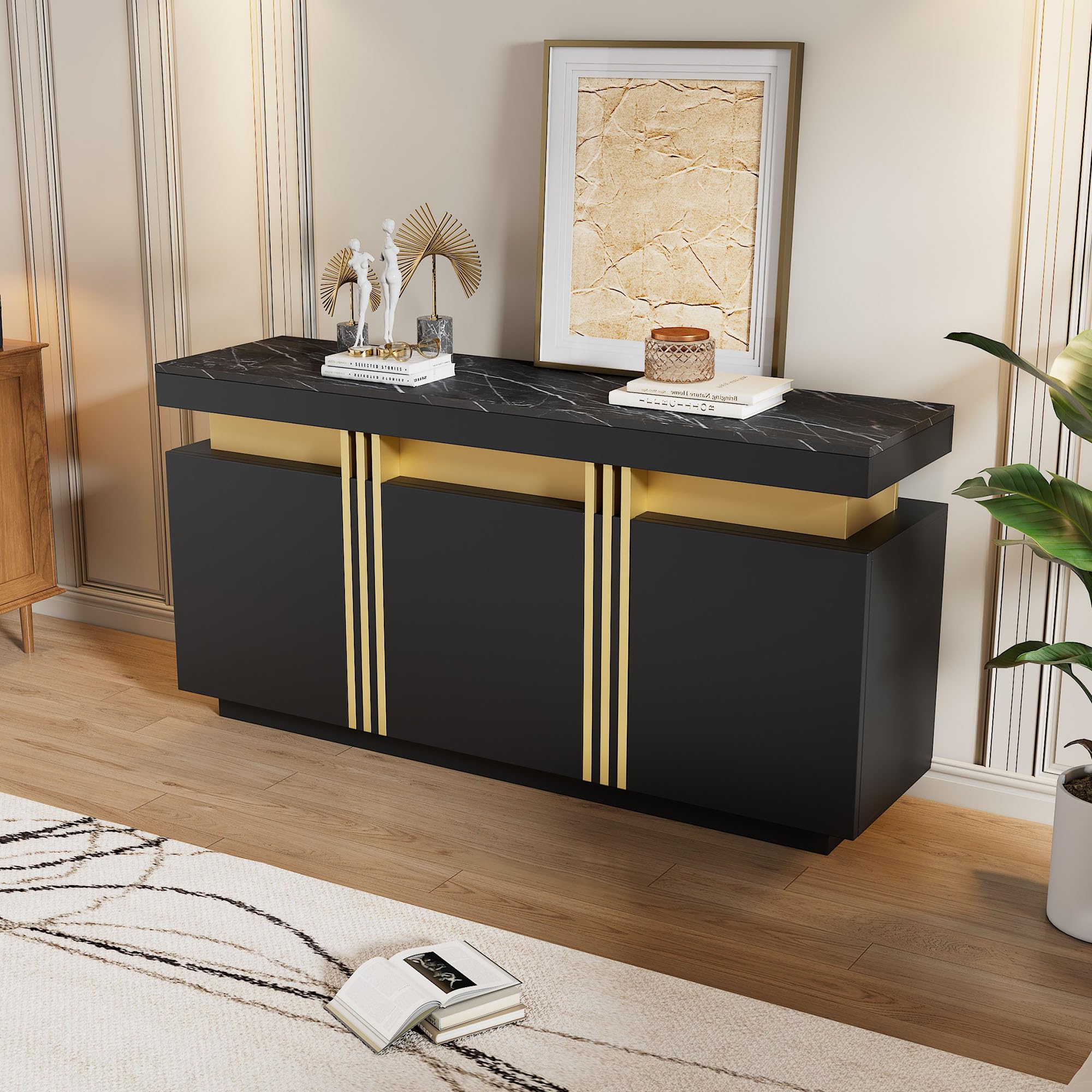 Moderna pantalla aparador, 3 puertas, armario de comedor con divisores ajustables, perfecto para cocina, salón, comedor, pasillo, armarios anchos sin asas 140 x 38 x 70 cm (negro)