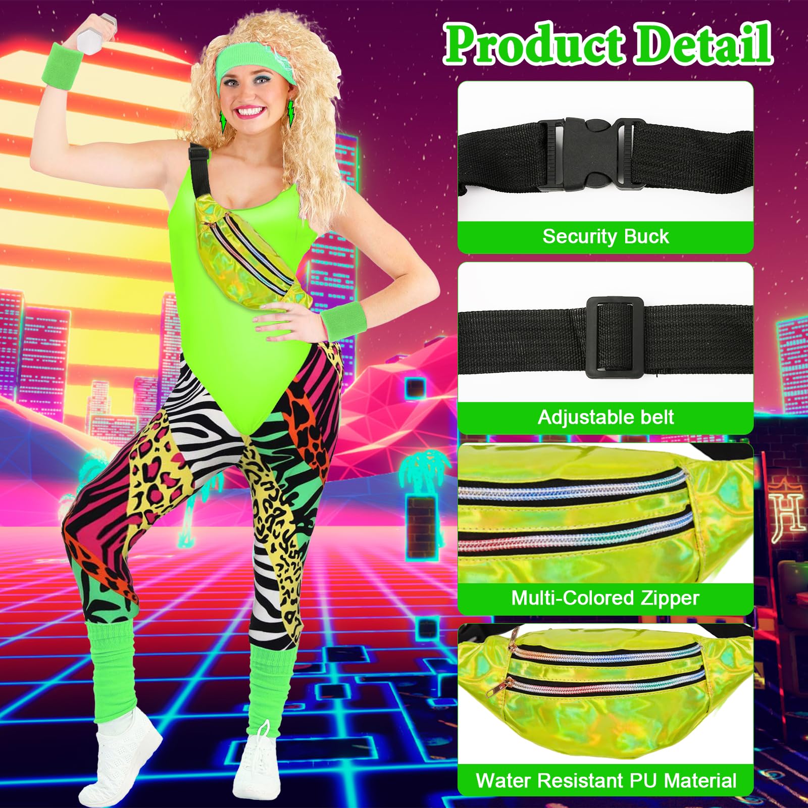 80er 90er Jahre Outfit Damen- Retro Trainingsanzug Workout Kostüm 80er Kleidung Accessoires Frauen mit 80s 90s Clothes Leggings Bauchtasche Stirnband Beinwärmer für Karneval Fasching Mottoparty Kostüm