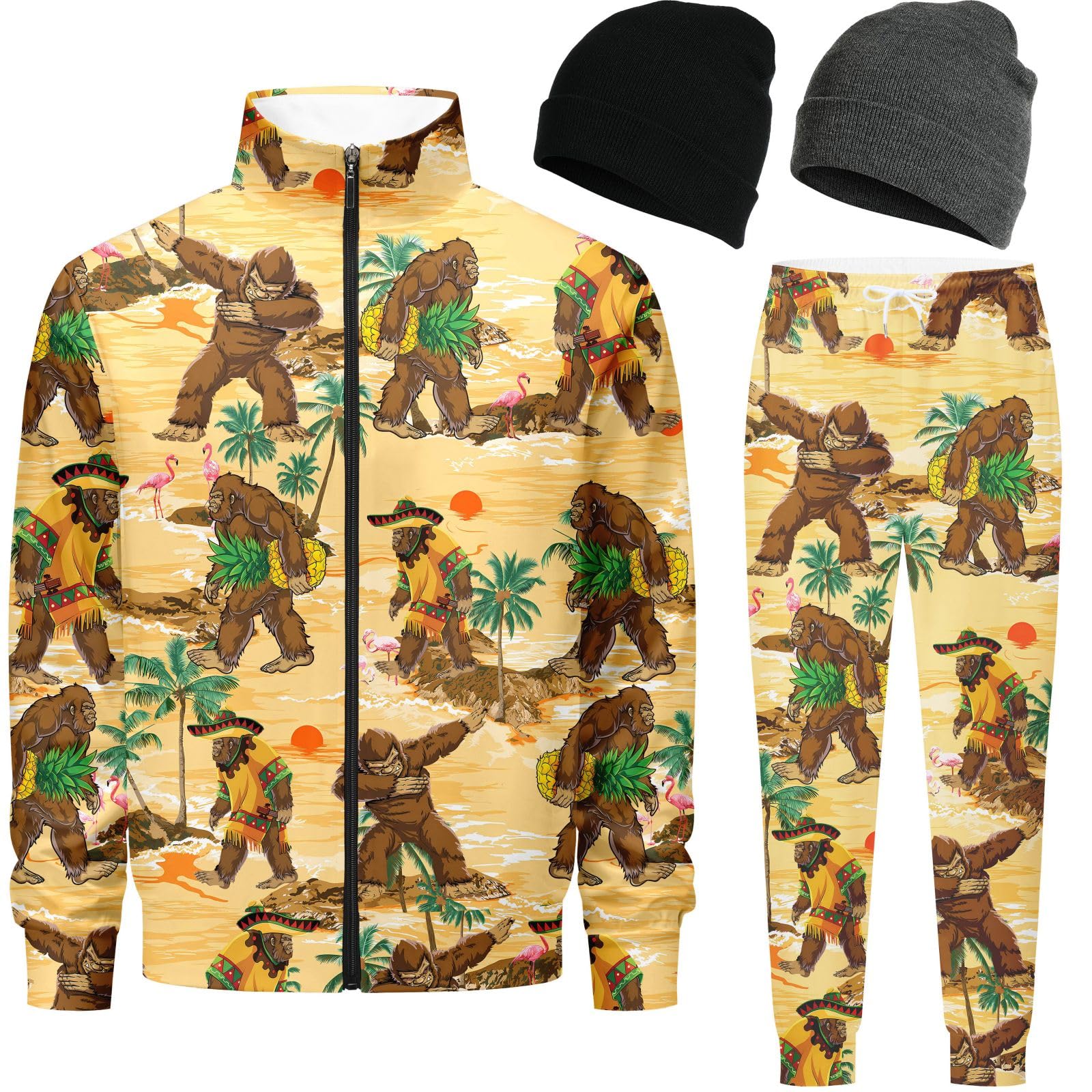 Spanoous Retro 80s 90s outfit for men tracksuits sweatsuits for men 2 piece set Jogging Warm Up Zip with 2 Knit Beanie hat