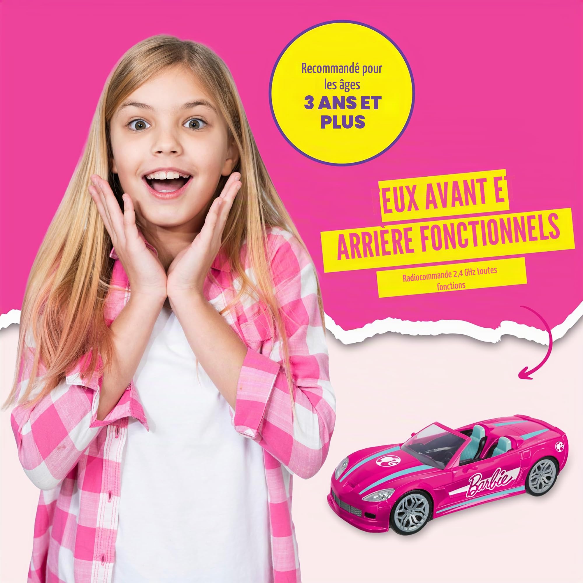 Barbie Dream Voiture télécommandée BladeZ RC 2,4 GHz, lumineuse, compatible deux poupées, 38,1 cm