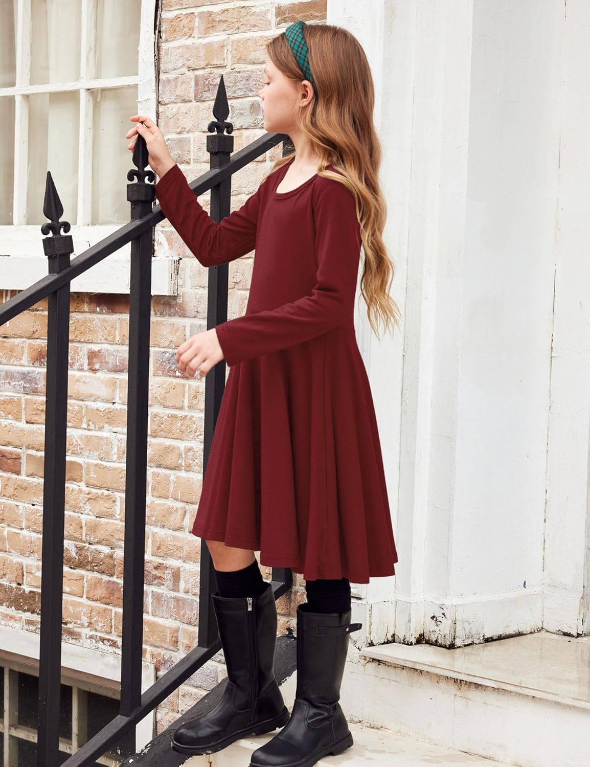 Arshiner Girls Long Sleeve Stretchy Dress A line Twirly Skater School Party Dress - Image 6