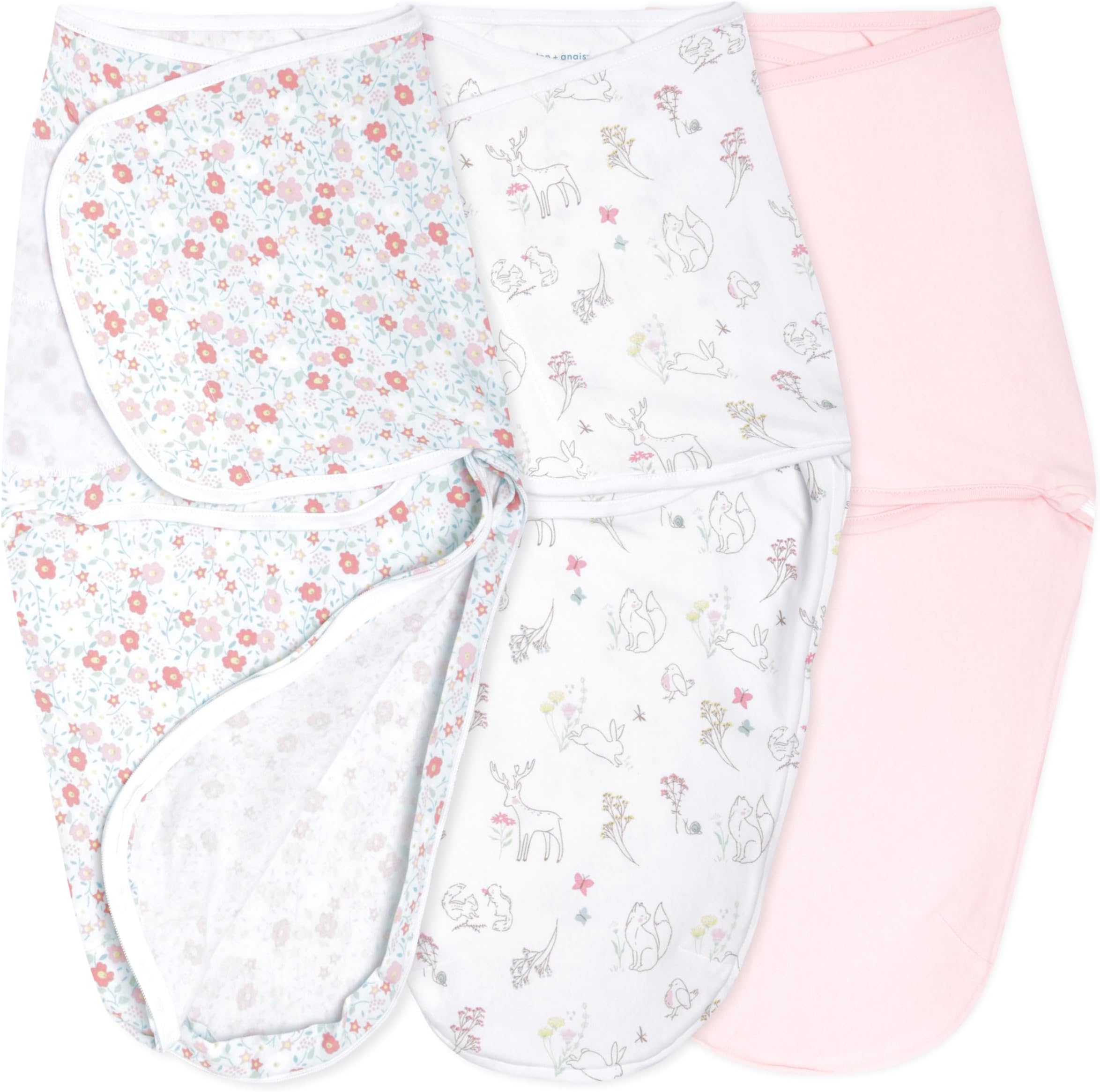 Essentials Easy Swaddle Wrap Quick Change with Bottom Zipper, Snug Cotton Knit Baby Wrap Swaddle Blanket for Newborns, TOG 1.0, 3-Pack, Fairy Tale Flowers, 0-3 Months, Small/Medium