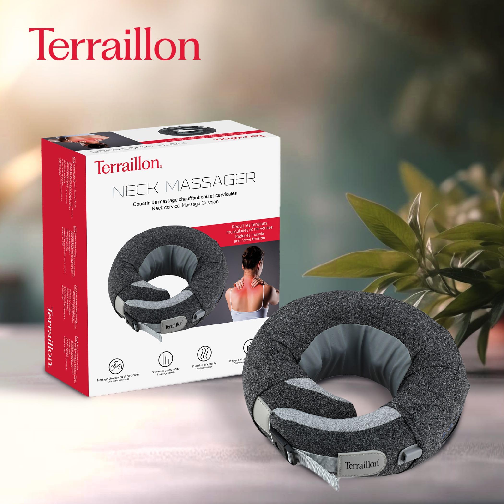 TERRAILLON - NECK MASSAGER, Cuscino massaggio collo e cervicale, rilassante, riduzione della tensione, anti-stress, 3 velocità di massaggio, 2 direzione di rotazione, opzione riscaldante, cinghia
