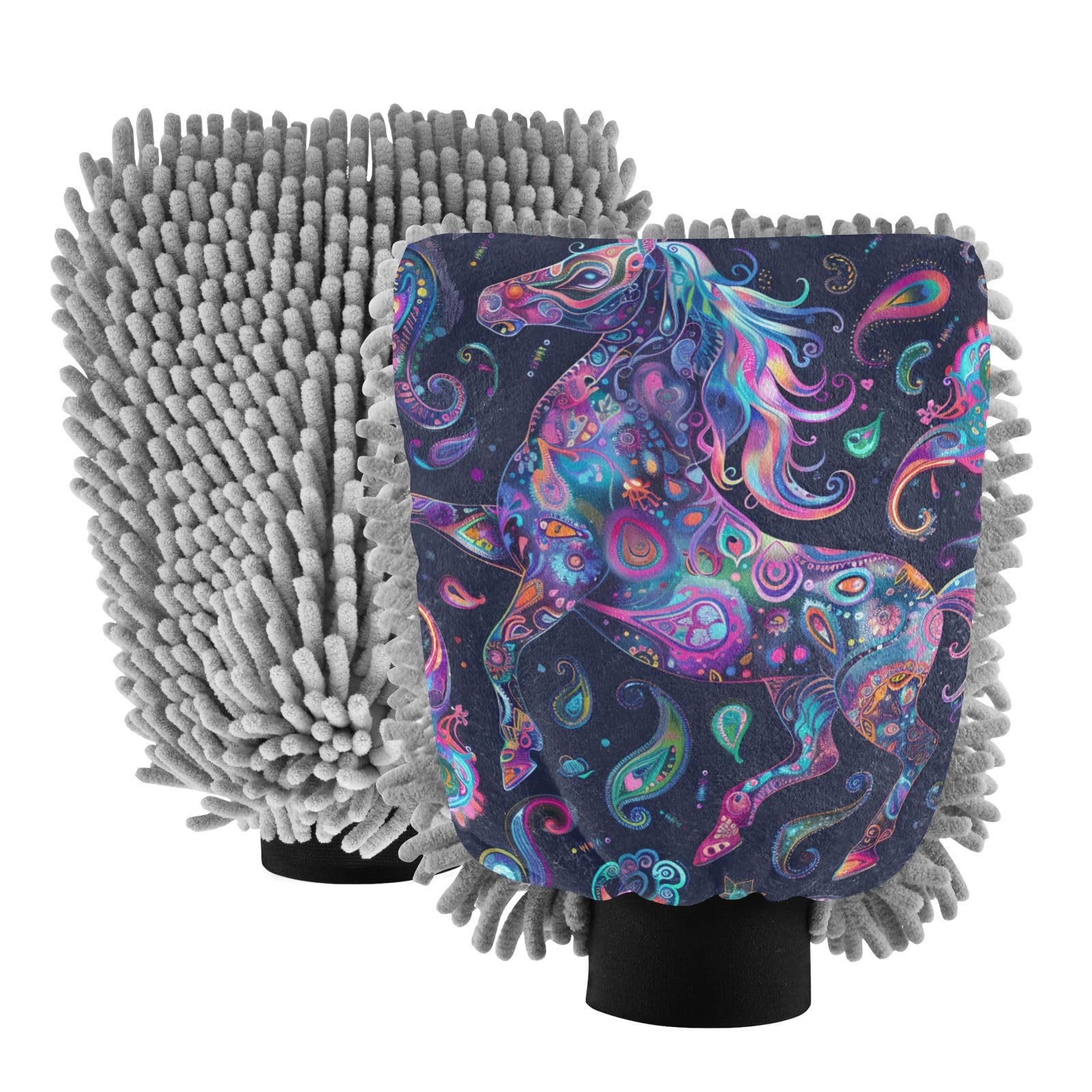 IOACIY Absorbent Microfiber Car Wash Drying Mitts, 2 Pack, Scratch-Free & Lint-Free, Rich Foam, Highly Absorbent, Double Sided, Wash Mitt Perfect for Car Washing, L, Horse (1)