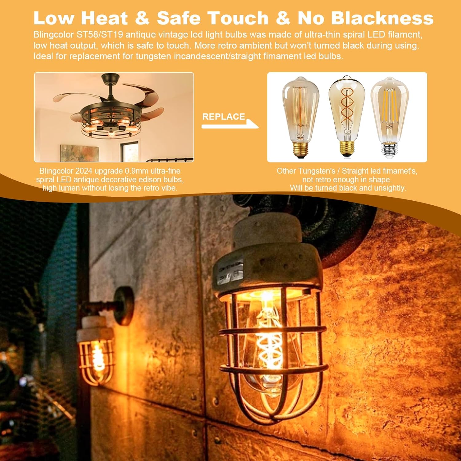 E26 LED Vintage Edison Light Bulbs 40W Equivalent, Dimmable E26 4W LED Edison Bulbs 2200K Amber Warm Light Bulbs, ST58 Antique Spiral LED Decorative Bulbs for Pendant Lights Fixture, CRI90+, 2 Pack