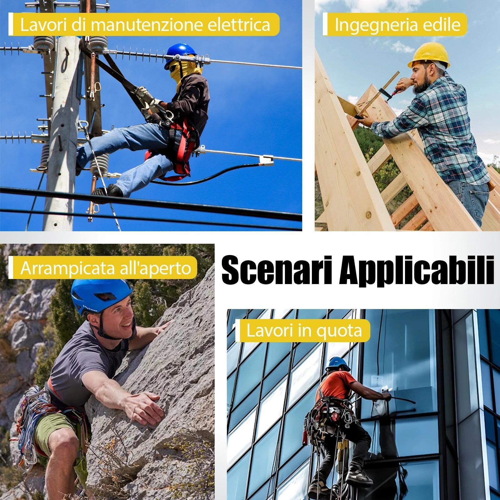 Dispositivo Anticaduta Retrattile 3-20M, Imbracatura Sicurezza Anticaduta Lavori in Quota, Richiamo Automatico e Gancio Autobloccante per Edilizia Tetto Elettrica(Giallo,10m)