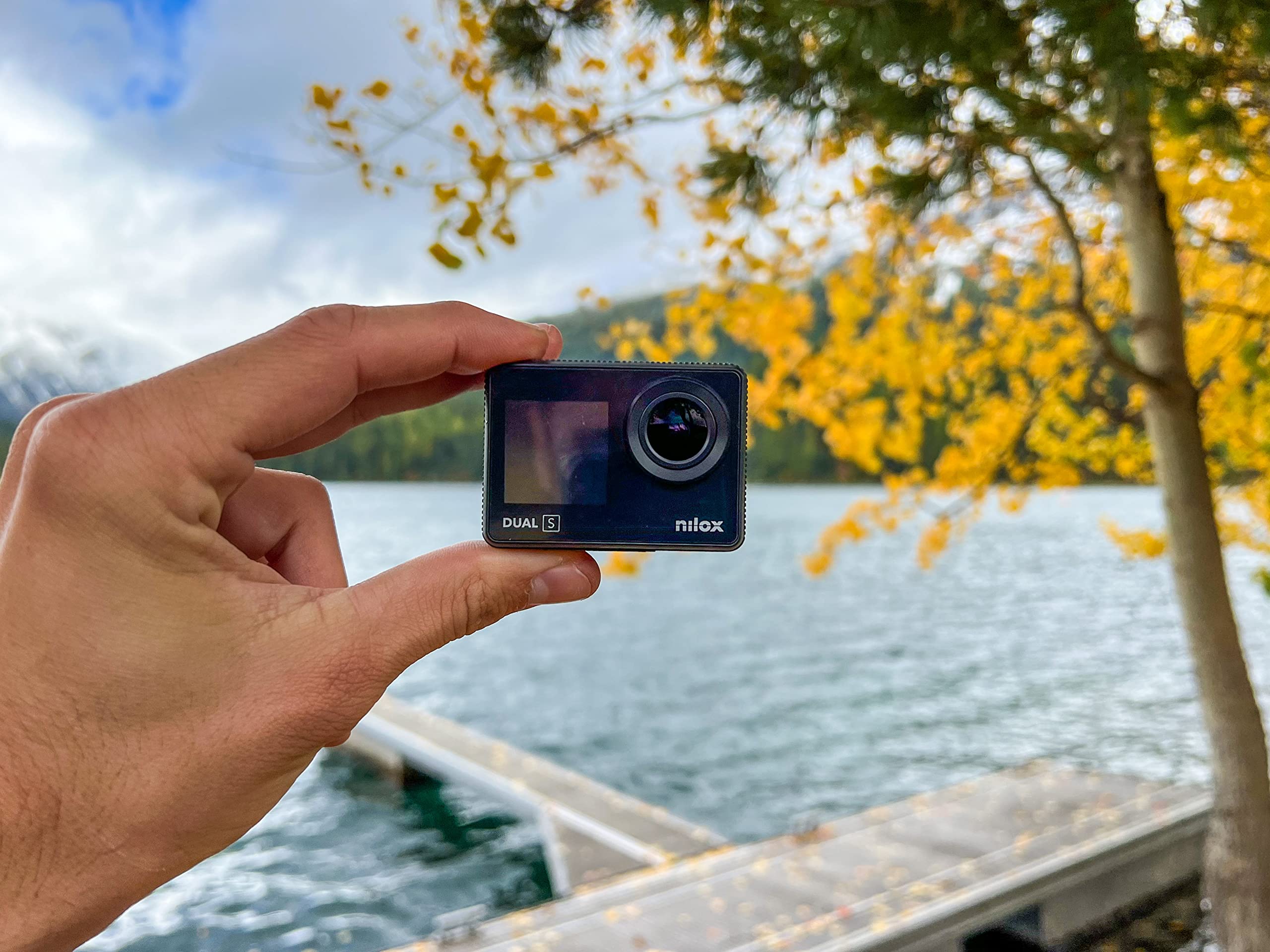 Nilox, Action Cam Dual S, Action Camera Rozdzielczość 4K/60 fps, szeroki kąt 170°, tylny ekran dotykowy, wodoodporny do 30 m z obudową cyny,z naklejkami, zestaw montażowy