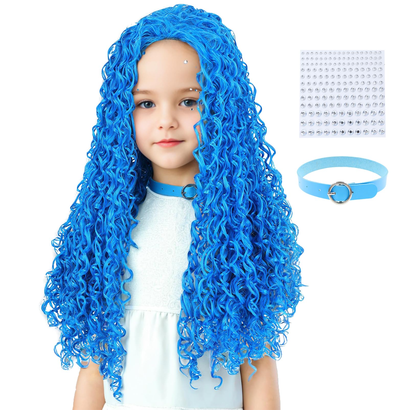 AMZCOS Long Blue Curly Wavy Synthetic Wigs with Blue Choker and Rhinestones Stickers for Girls Kids Teens Cosplay Halloween Party