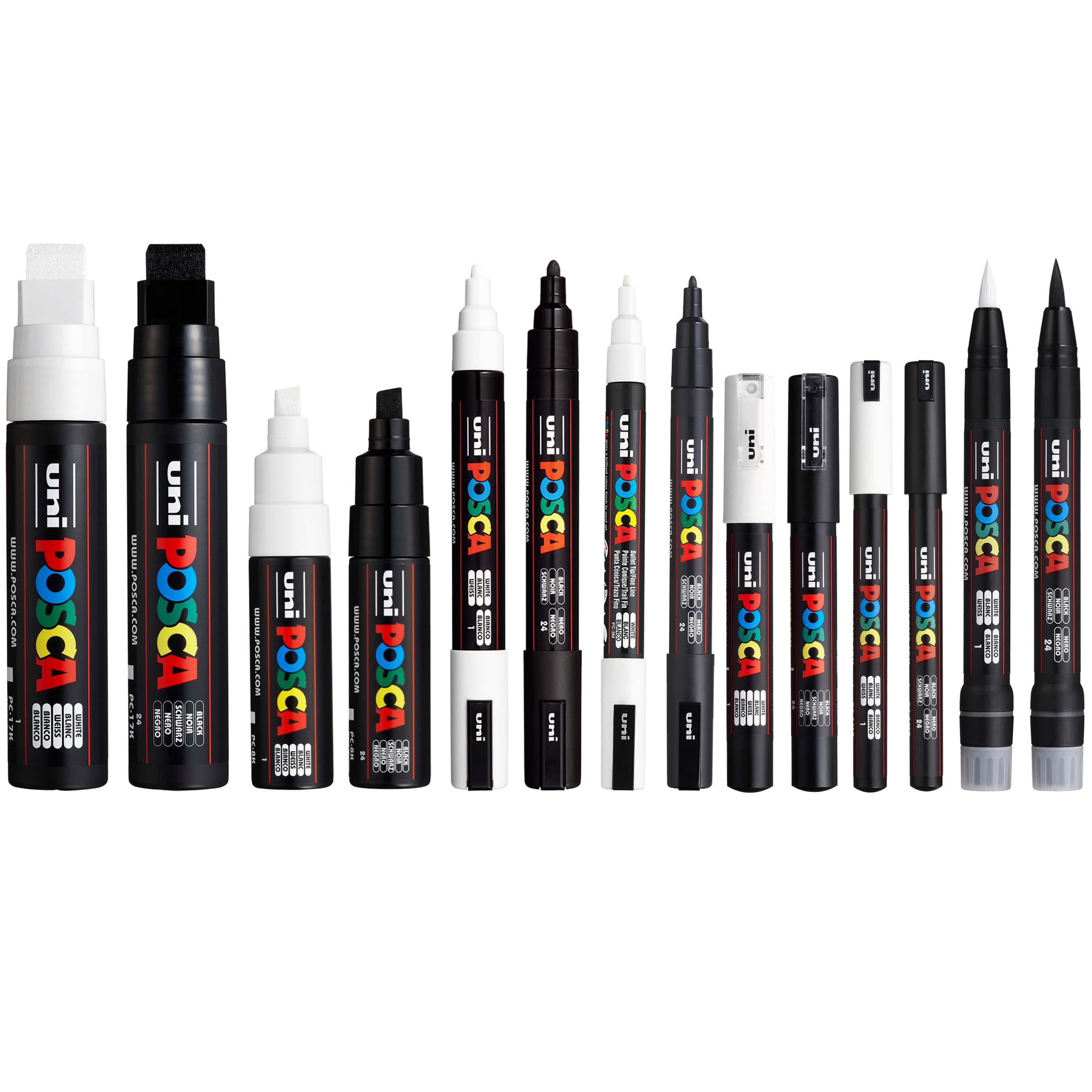 Posca Lot de 14 marqueurs à peinture noir et blanc (PC-1MR, PC-1M, PC-3M, PC-5M, PC-8K, PC-17K, PCF-350