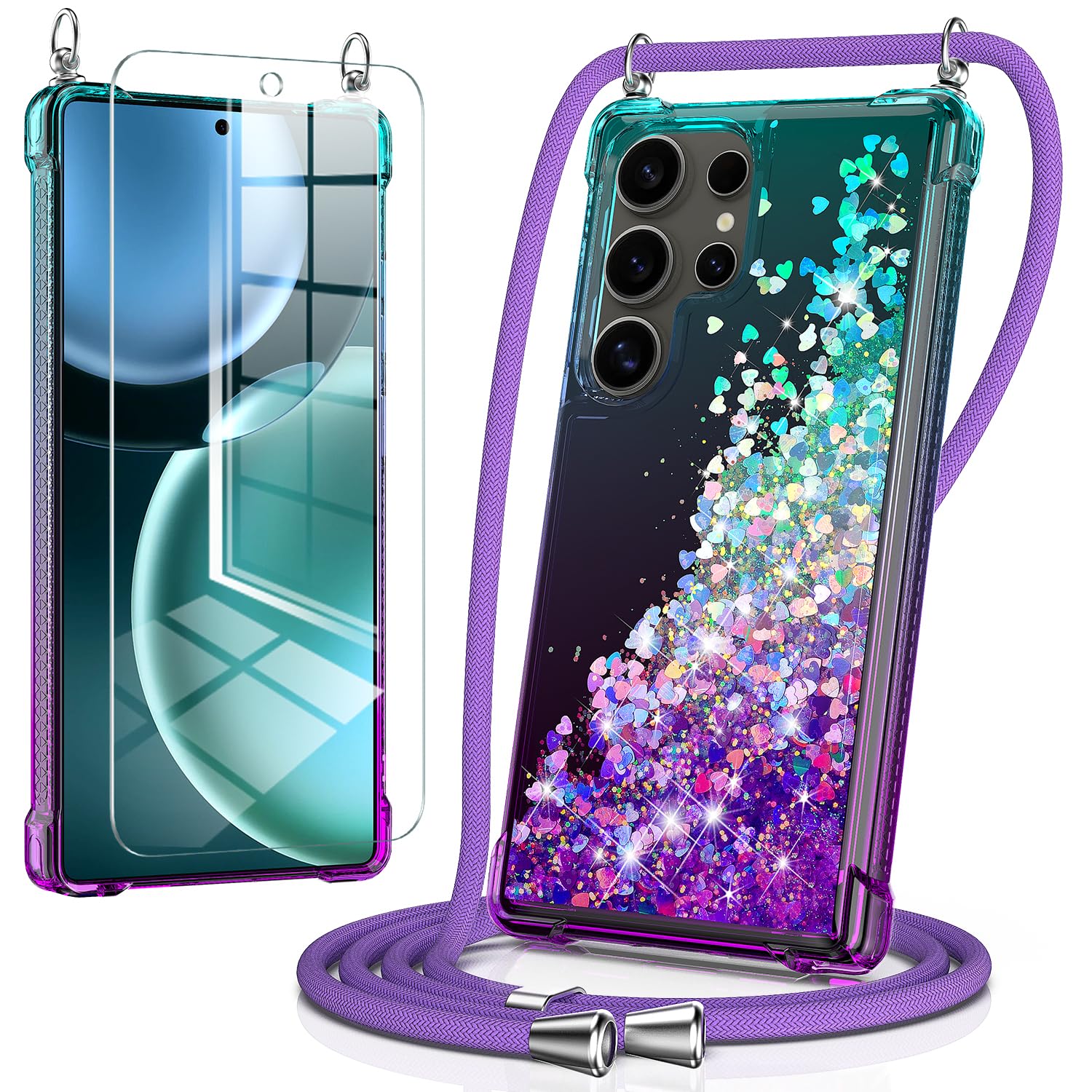 Handykette fr Samsung Galaxy S25 Ultra Hlle mit Band mit  Schutzfolie,Bling Silikon Durchsichtig Transparent Flssig Glitzer mit  Kette Kordel Treibsand Necklace Schutzhlle Case, Lila: Amazon.de:  Elektronik & Foto
