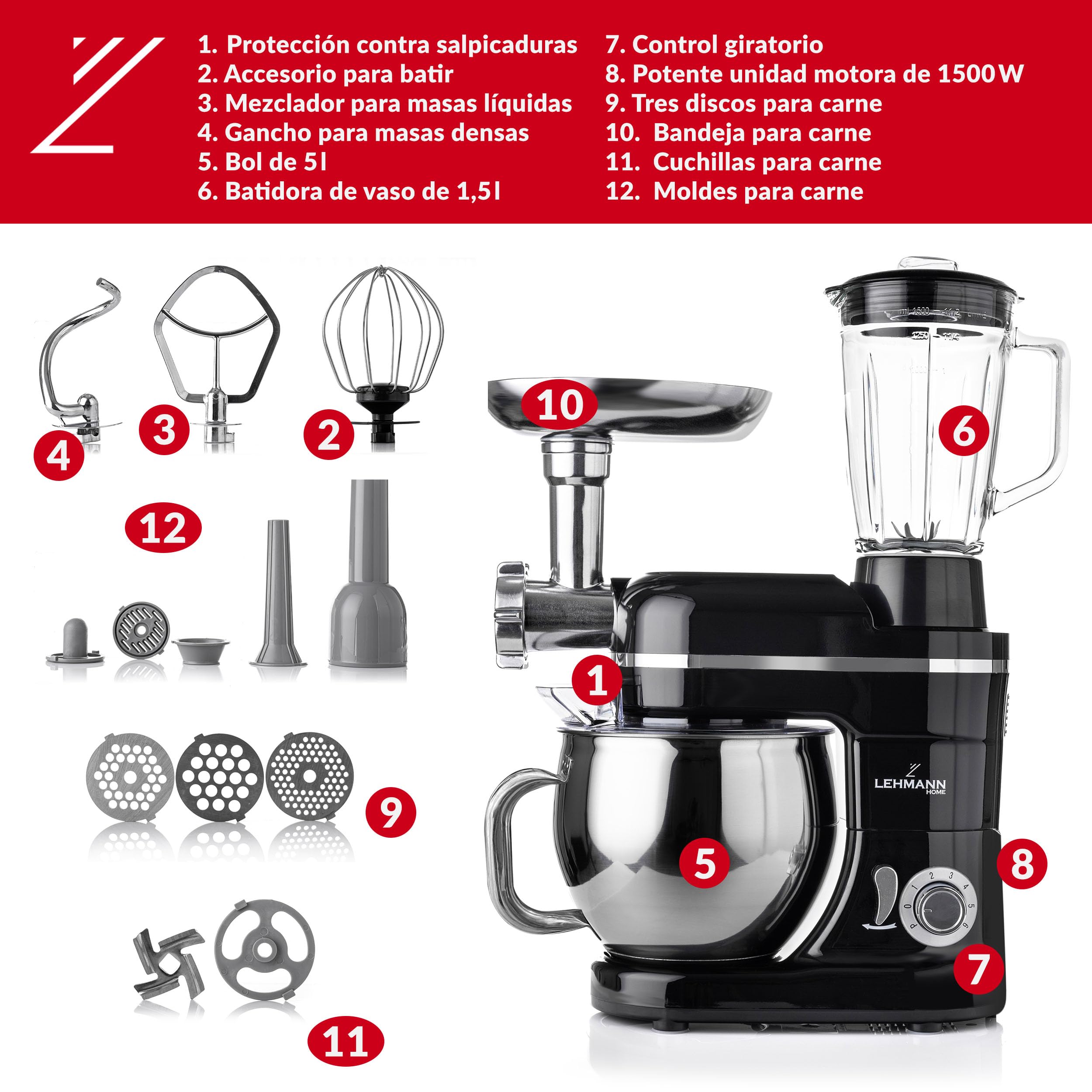 LEHMANN Robot De Cocina Multifuncion 3 en 1, Batidora Amasadora con Función Picadora De Carne y Batidora, 5.5L Bol, 1,5L Jarra, 6 Funciones de Regulación y Pulse, kit de Accesorios (Negro)