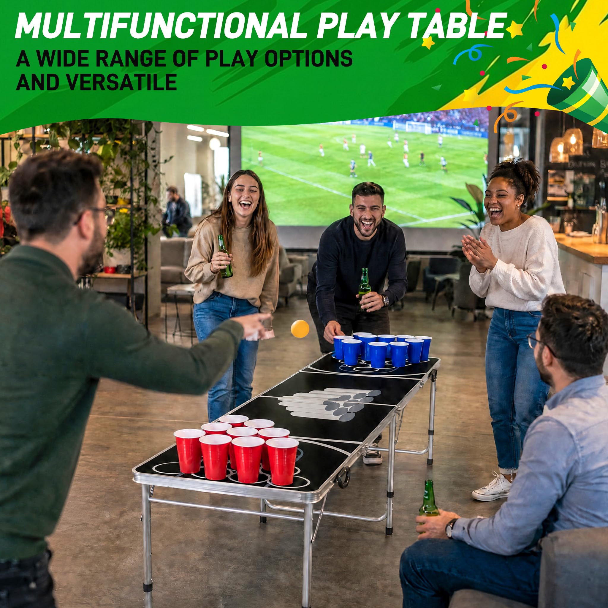UISEBRT Bierpong Tisch 242cm Klappbar höhenverstellbar Aluminium Rahmen MDF wasserdicht inkl. 100 Becher & 5 Bälle Tragbar Koffer-Design für Party Garten Camping