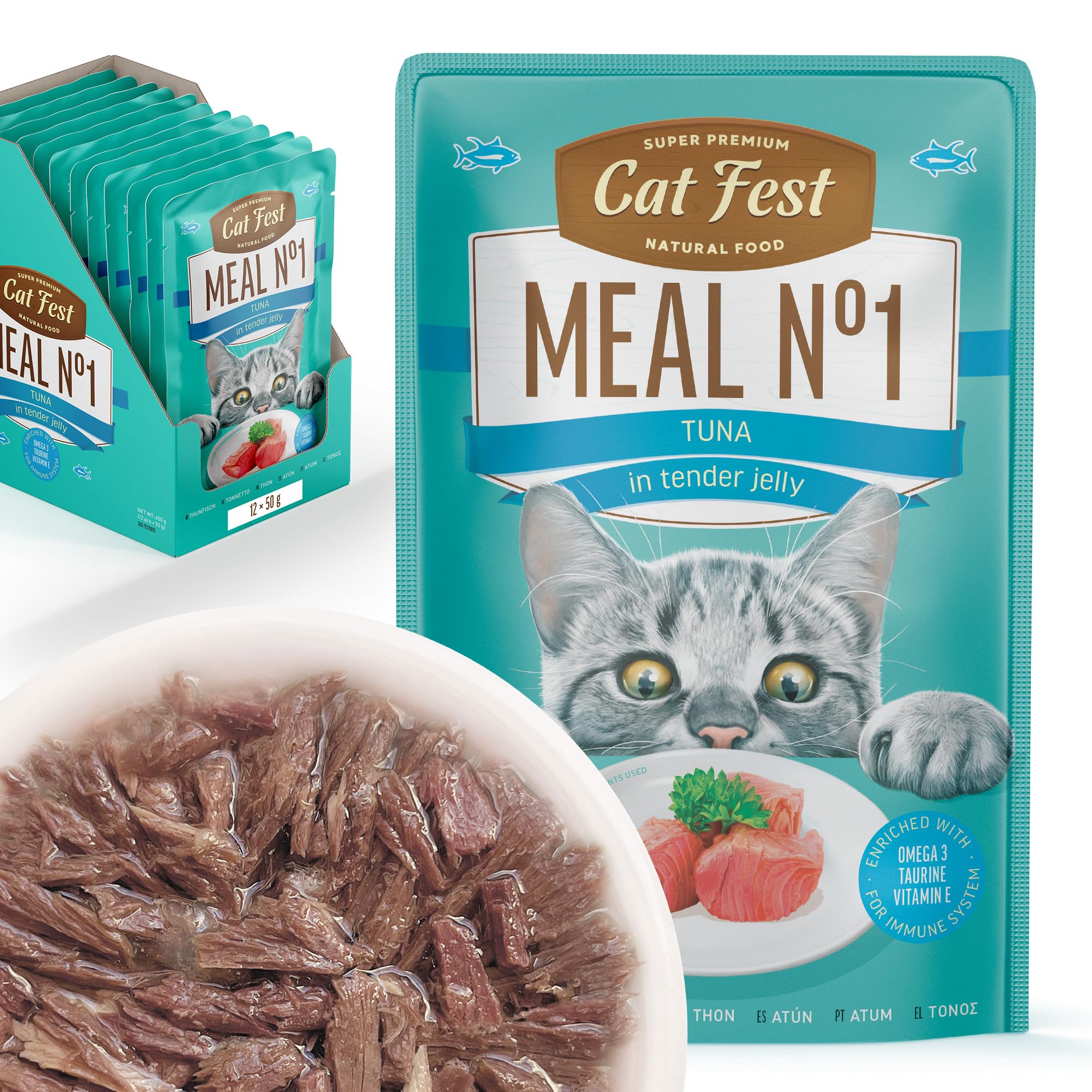 Cat Fest MEAL №1 Tuna in Tender Jelly, 100% Natural Wet Cat Food Pouches, High Fish Content, Enriched with Taurine, Vitamin E & Fish Oil, 12 x 50g