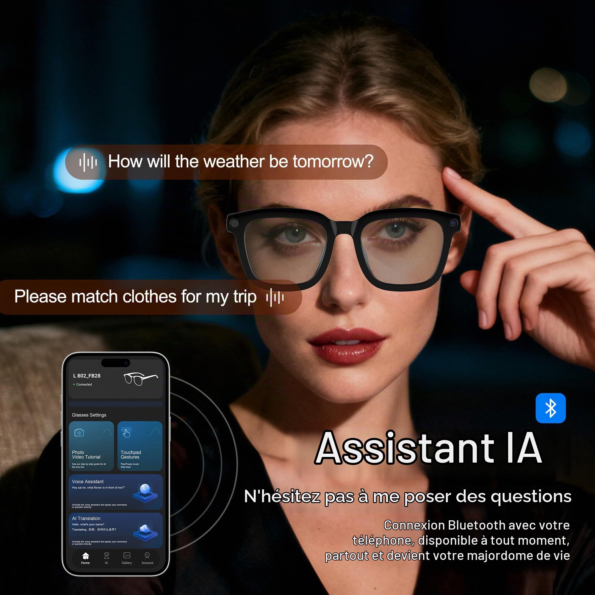 Lunettes intelligentes Ai avec caméra et Bluetooth - Enregistrement vidéo 4K HD, traduction en temps réel, avec verres changeant de couleur pour voyage, sports, utilisation en extérieur