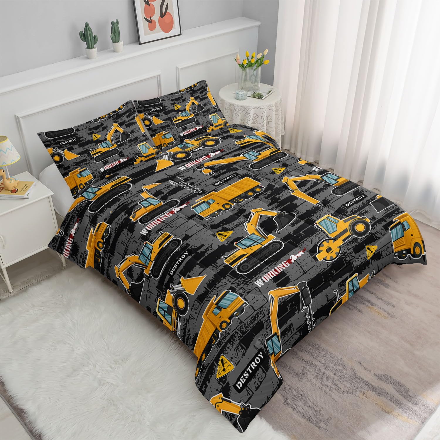 Datura home Kids Engineering Car Bedding Comforter Set Tractor Truck Printed Pattern Bedding Set with 1 Comforter and 2 Pillowcases for Boys Bedroom All Season(Truck2 Twin), Twin 68x86inches