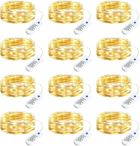 Minetom Paquete de 12 luces de hadas que funcionan con pilas, 8 modos y temporizador, 7 pies, 20 luces LED impermeables de alambre plateado, luces