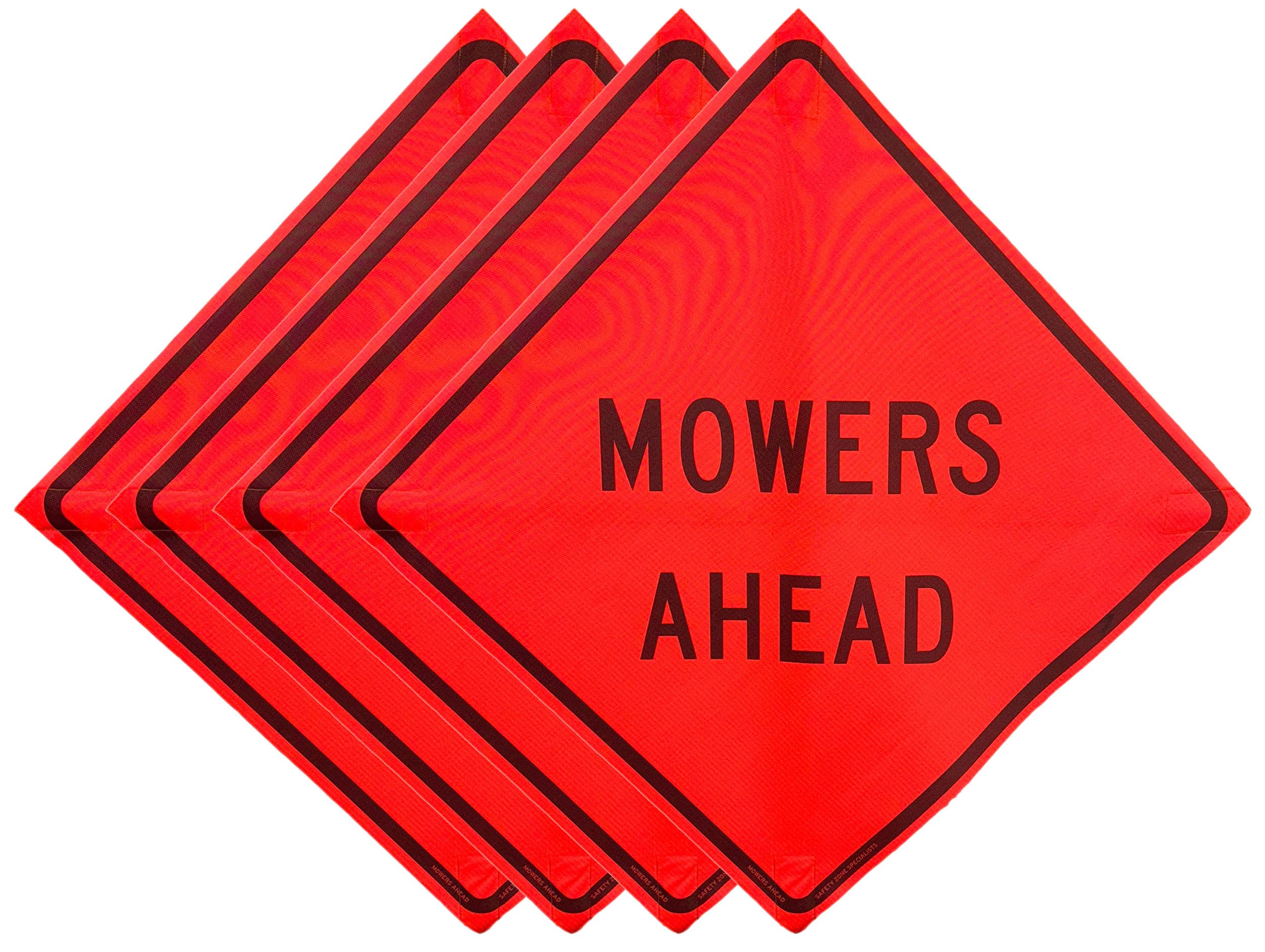 OrangeGear® 48" x 48" MUTCD TTC Complaint Orange Mesh Safety Traffic Control Sign w/Cross Ribs (4 Pack) (Mowers Ahead)