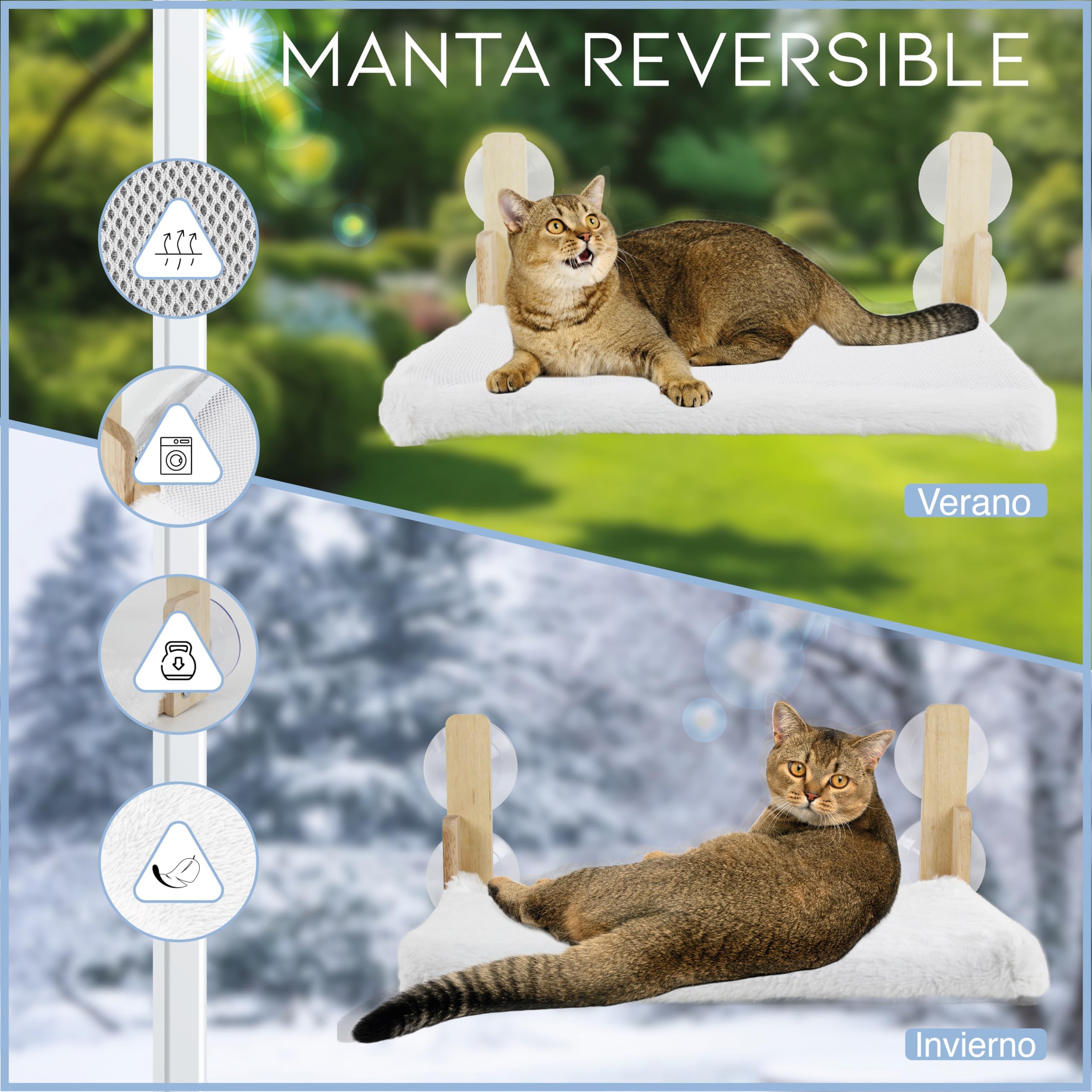 Hamaca Gato Ventana - Cama Gato Ventana Espaciosa y Segura - Hamaca Gato Ventana de Madera con Fuerte Succión - Cama Ventana para Gatos Fácil de Instalar - Cama Colgante para Gatos