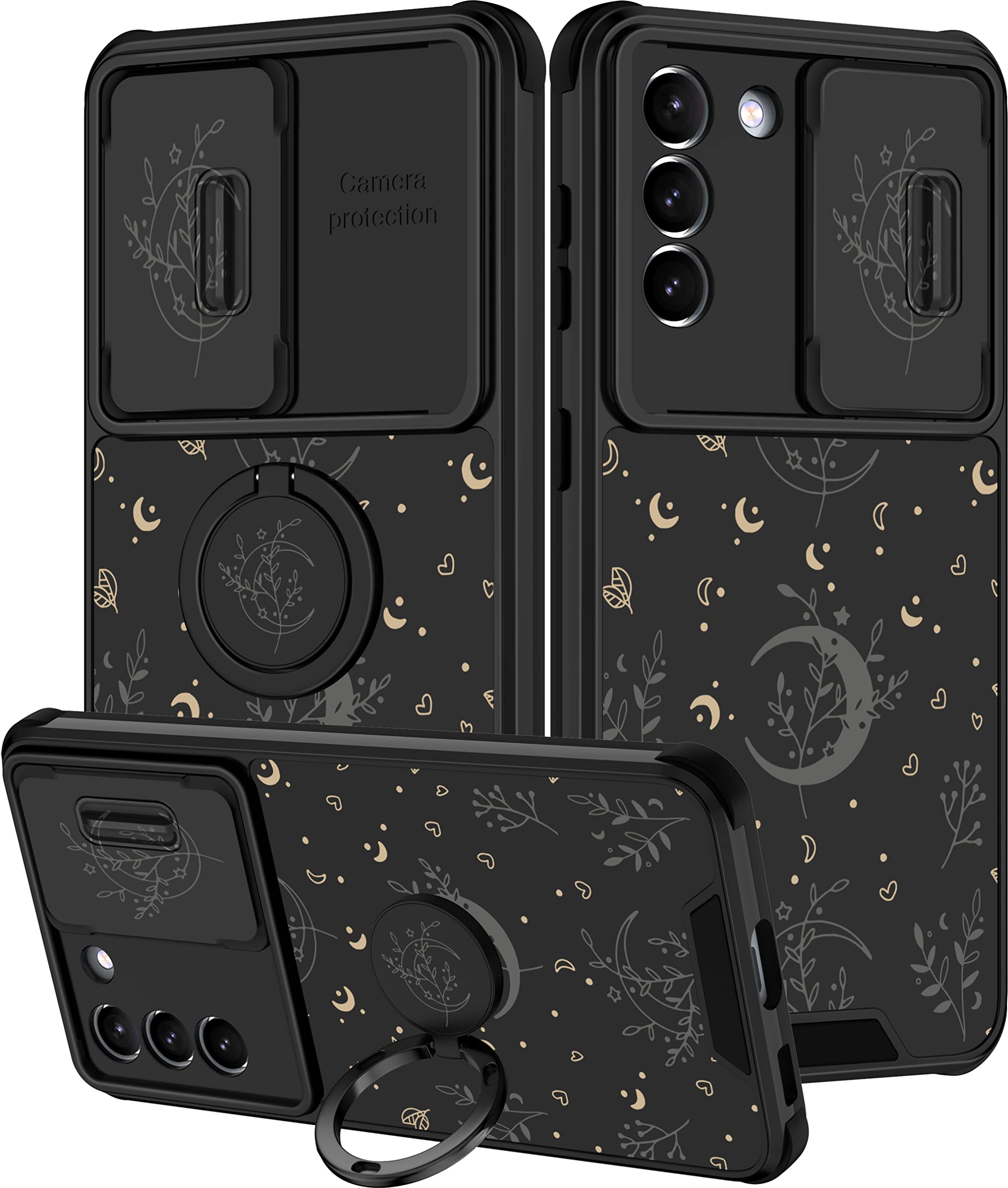 Goocrux Case for Samsung Galaxy S21 5G Black Phone Cover | 2in1, for Women Girls, Cute, Moon Flower, Plants Heart Stars Space Design, with Slide Camera Cover, Ring, Fashion, Cases, 6.2''