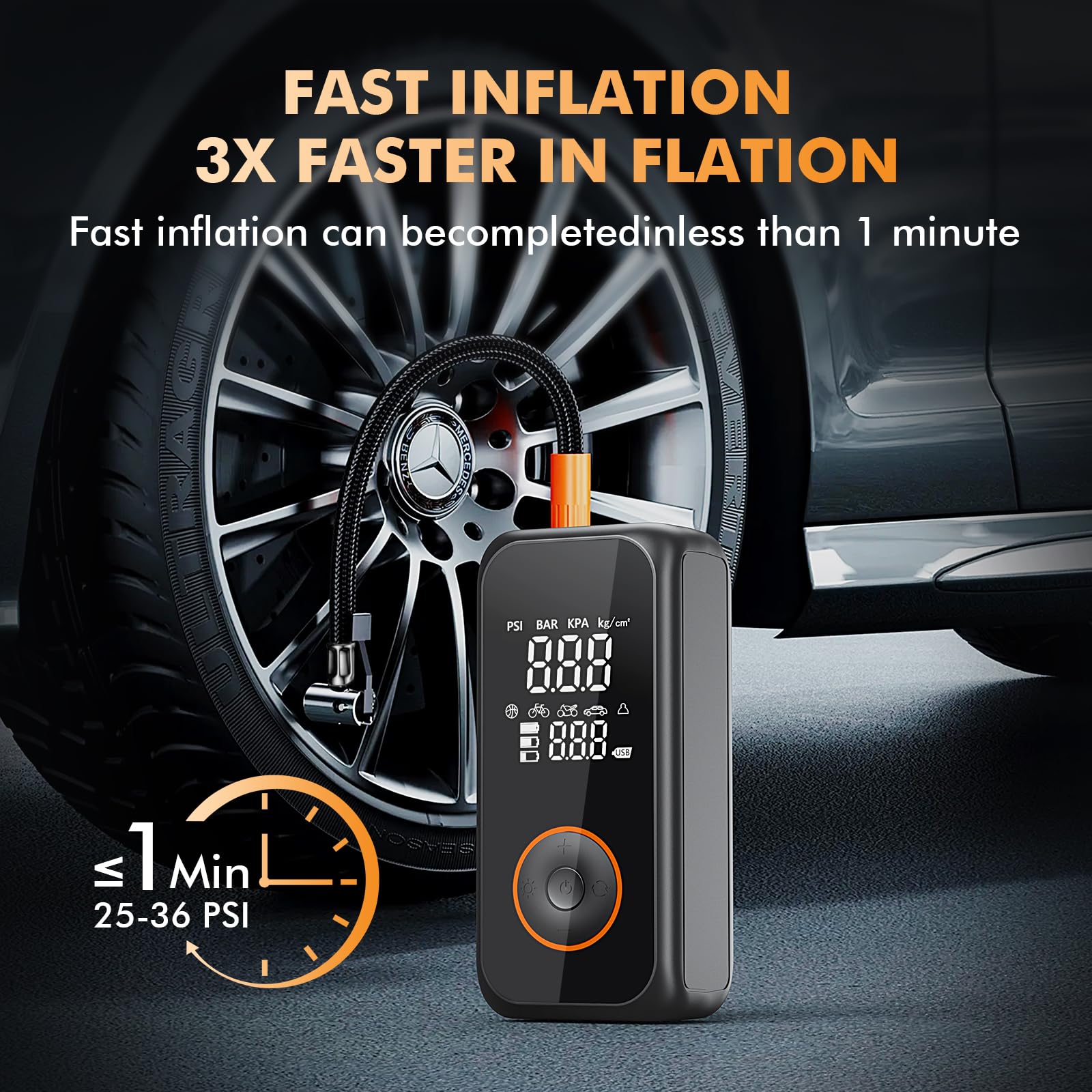 Compressore d'aria portatile, gonfiaggio 3 volte più veloce per pneumatici auto, 150 psi, compressore d'aria elettrico senza fili, con manometro e spegnimento automatico, pompa per pneumatici per auto