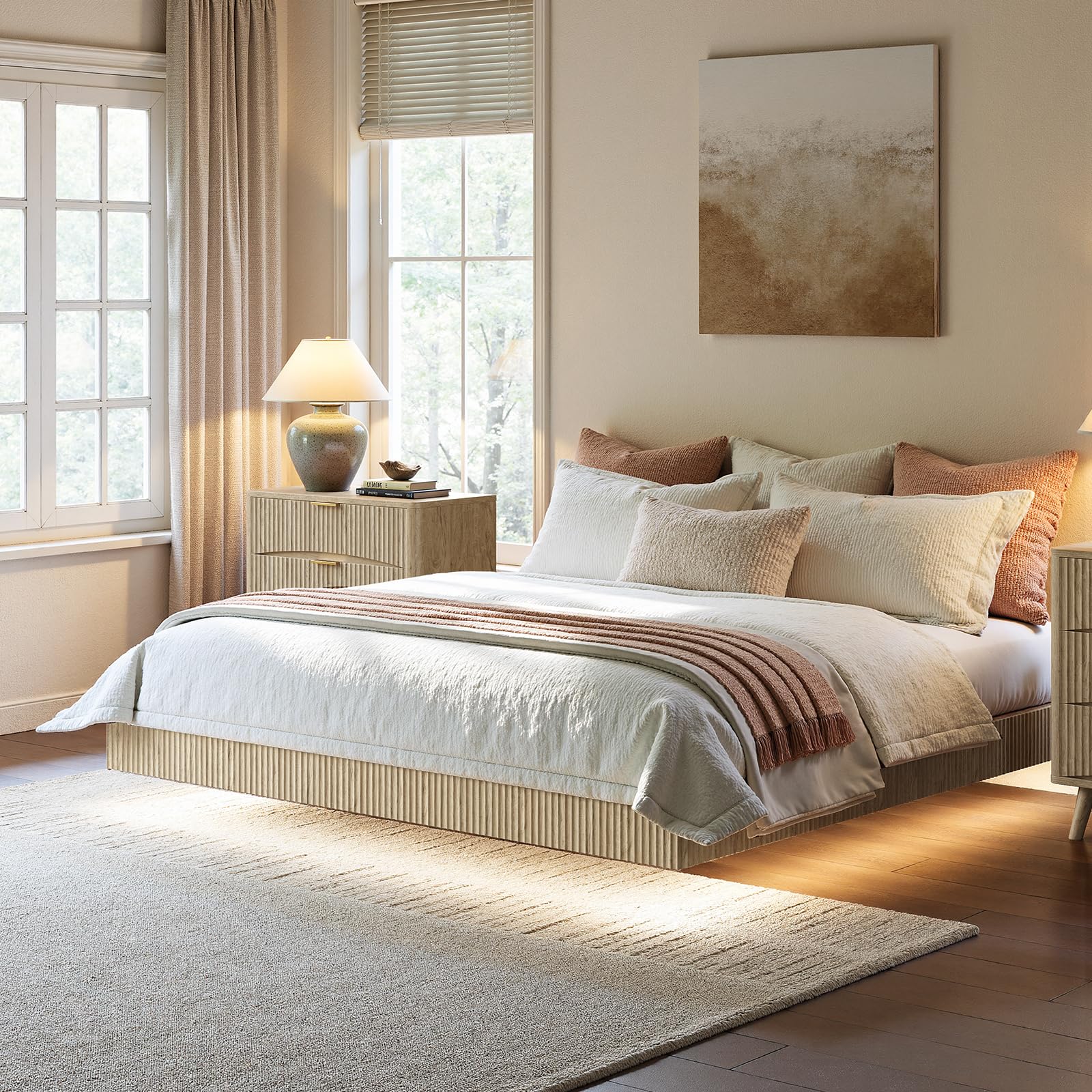 Evermagin Oak King Floating Bed Frame with led Lights, Bohemia Fluted Floating Platform Bed No Headboard, Heavy Duty Metal Float Bedframe No Box