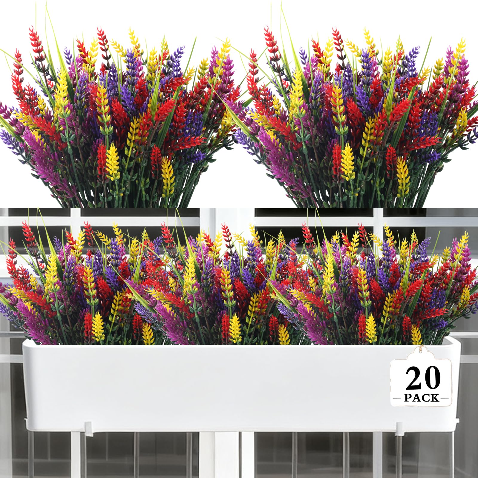 Kradeler 20 Bundles Outdoor Artificial Flowers ，Artificial Lavender Flowers Uv Resistant Plastic Faux Flowers for Garden Porch Window Patio Hanging Planter Home Decorating (Multicoloured)
