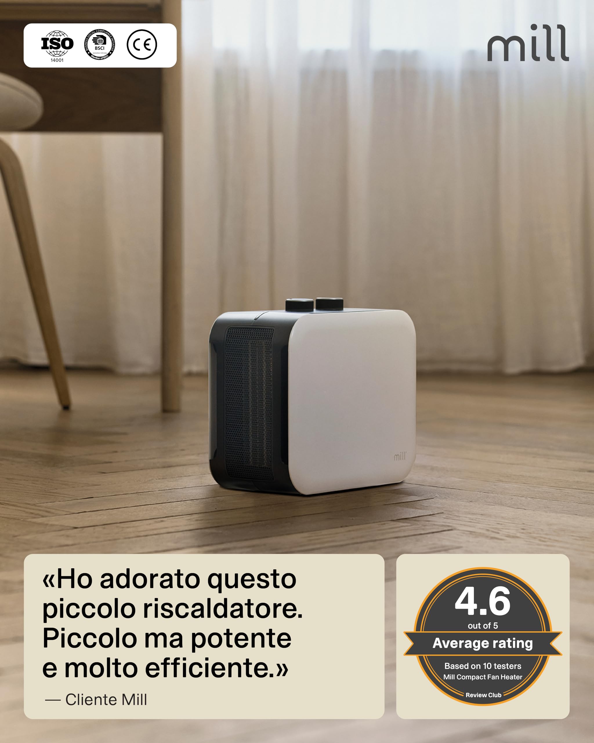Mill Termoventilatore Portatile Compact 1800W, Stufa Elettrica in Ceramica PTC per 5–30 m², MEC, Riscaldamento Rapido, Silenzioso, Bianco, Design Norvegese