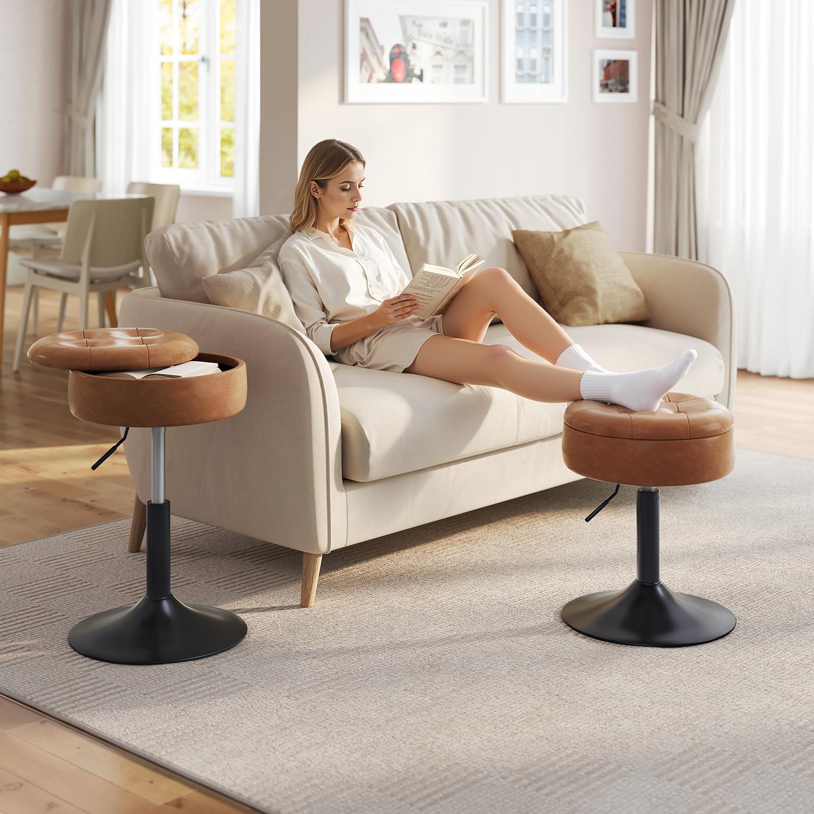 WOLTU Sgabello da Trucco, Sedia con Contenitore, in Velluto, Marrone | Sgabello Altezza Regolabile, 50-66.5cm, Sedia da Bar Rotondo, per Cucina Soggiorno, Toeletta Trucco, Postazione, in Metallo
