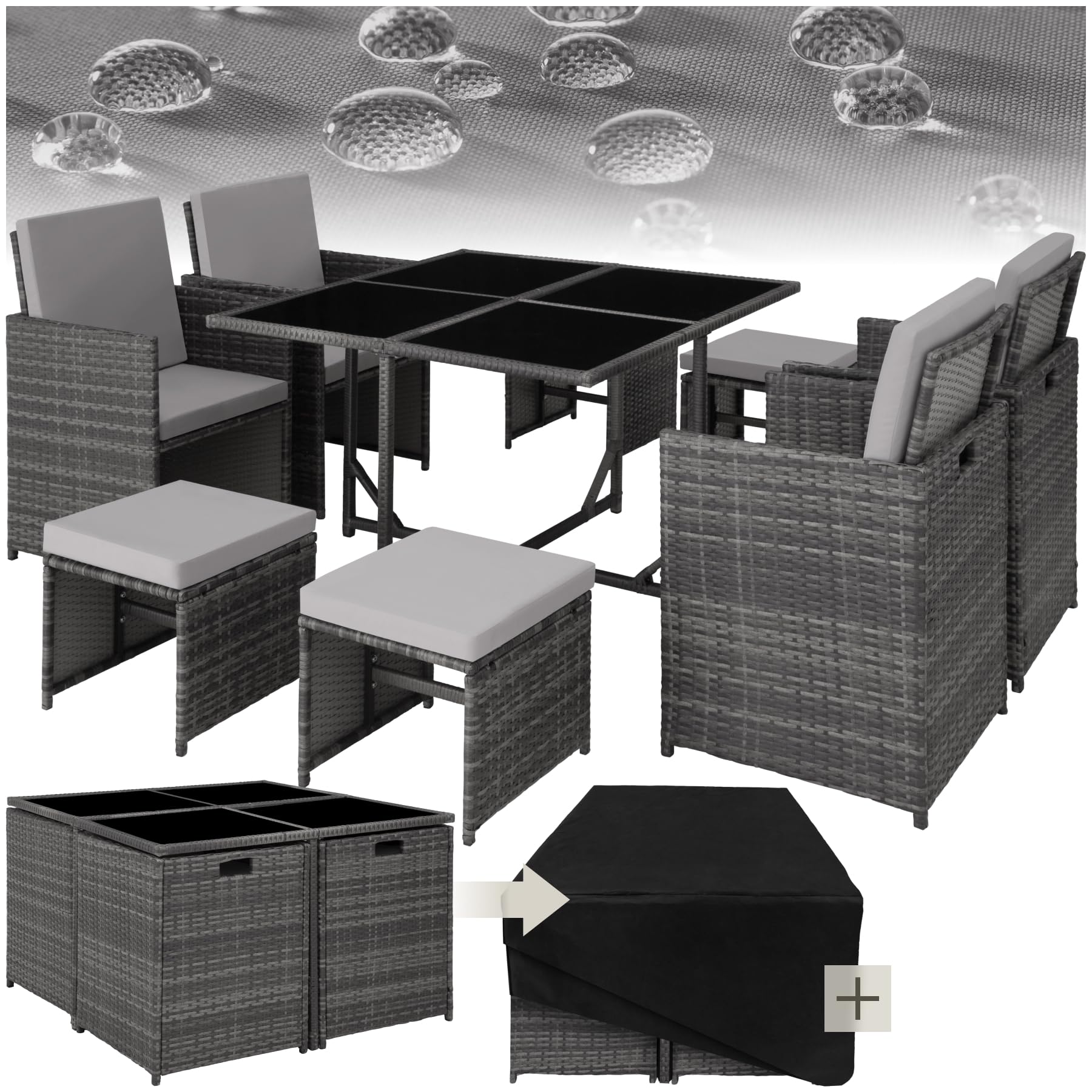 Polyrattan Garden Furniture Set with Aluminium Base, Including 4 Dining Chairs, 1 Table, 4 Stools, Foldable Garden Lounge Set, For Up To 8 People, Patio Furniture - grey