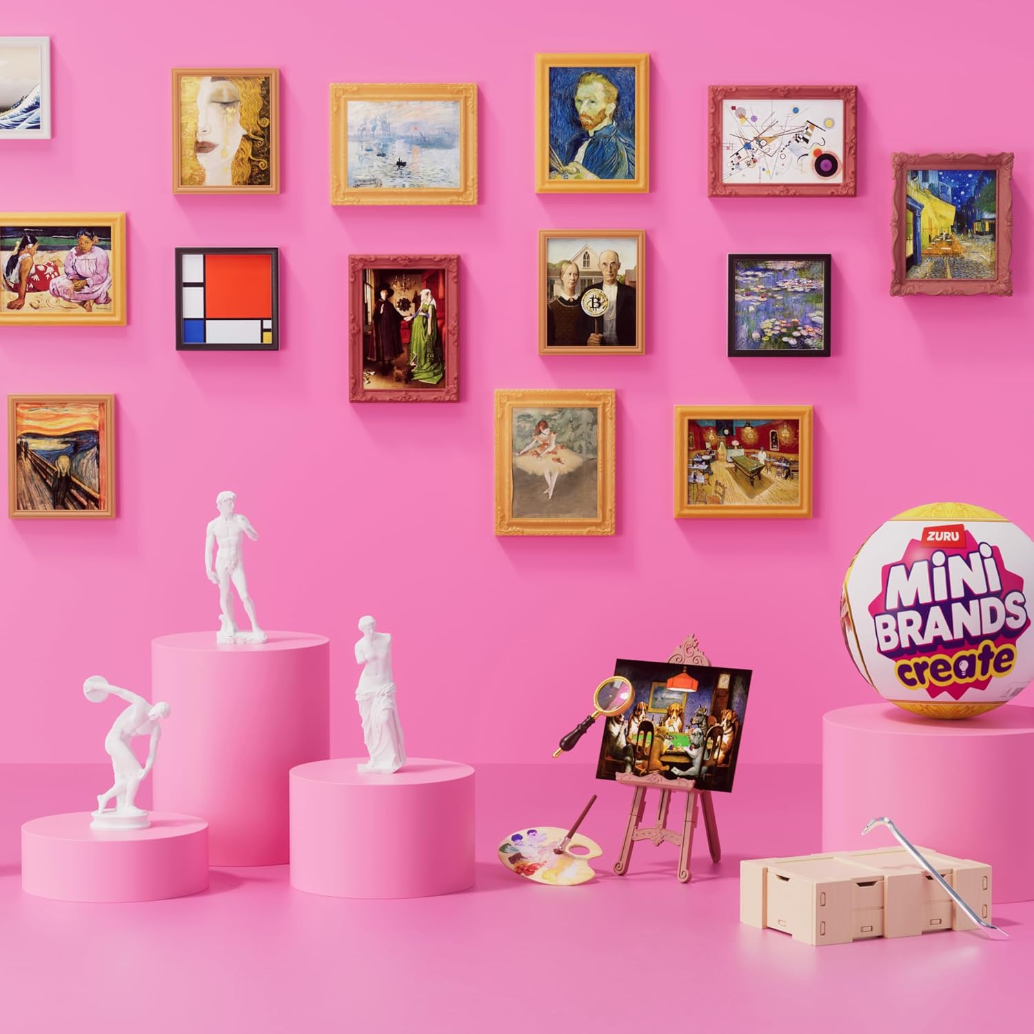 Miniature art gallery display with various framed artworks