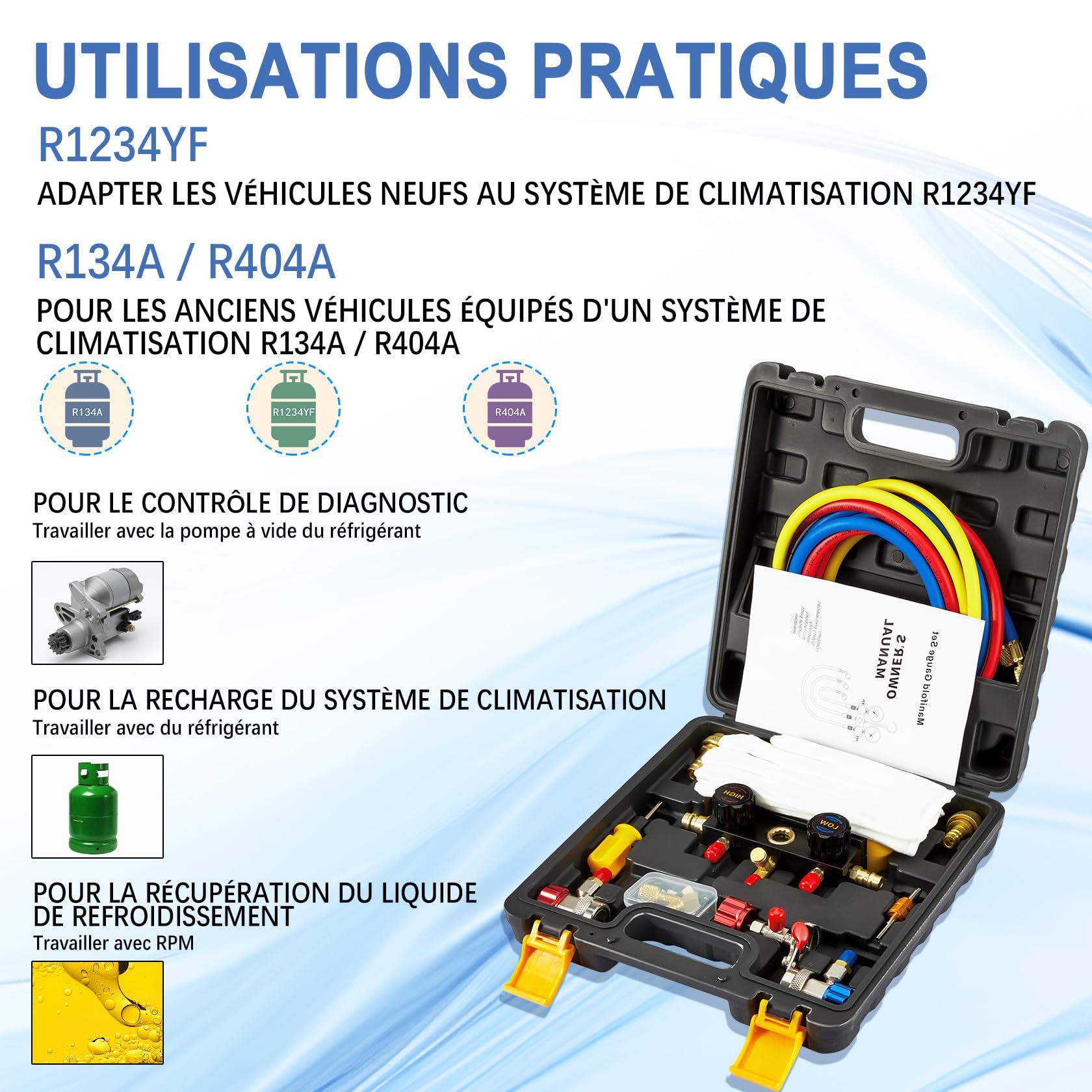 Pindex Manomètre pour Clim r1234yf Voiture pour réfrigérant R1234YF R134a R404A, Manomètre pour Réfrigérant Automobile avec 3x 1,5m de Tuyaux, pour la Charge de Réfrigérant AC de Voiture