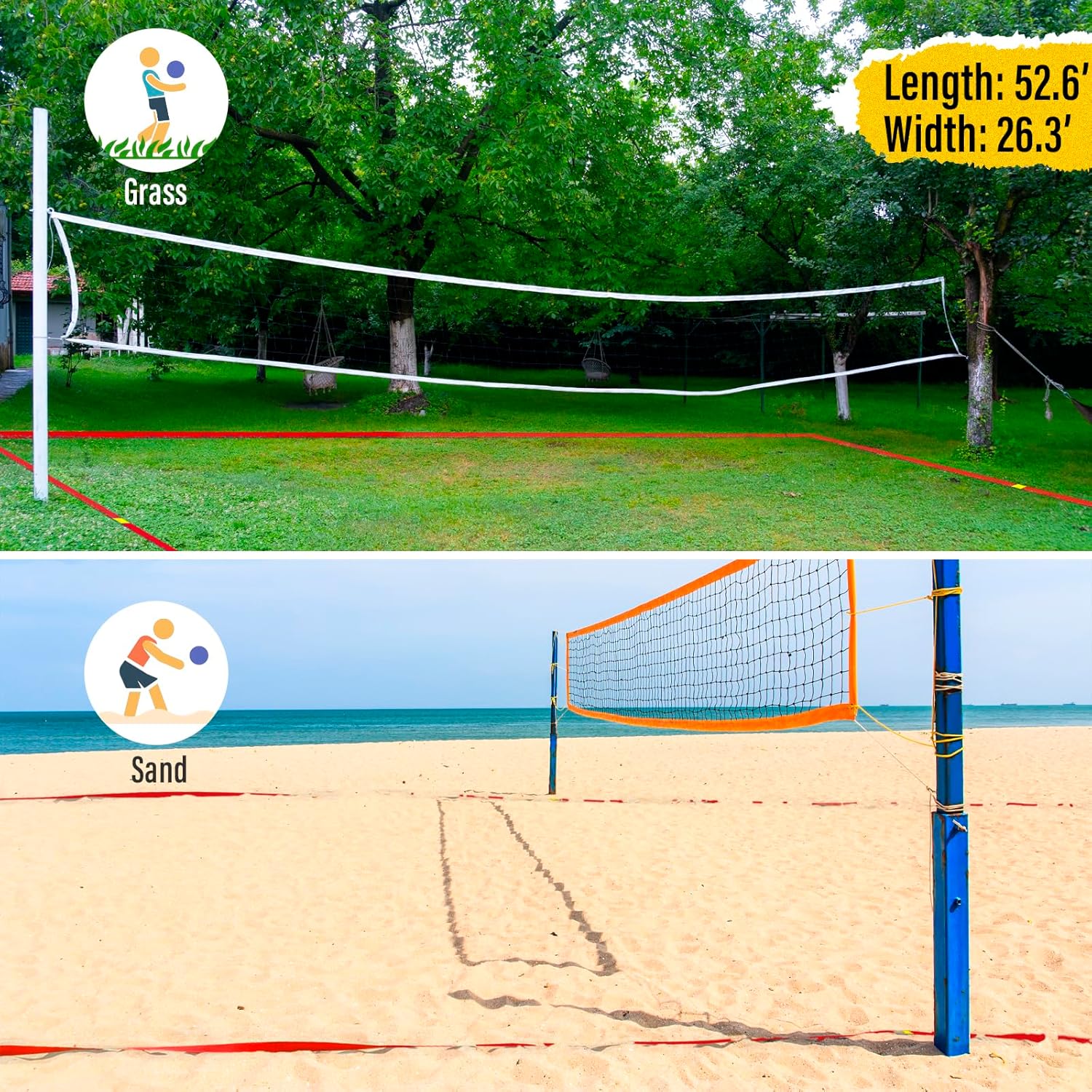 Professional Beach Volleyball Lines for Sand, 2" Nylon | Ultra-Visible Marking | Weather-Enduring, with Metal Anchors & Sandbags, Standard Sizes - 26.3' x 52.6' or 30' x 60'