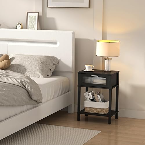 Miniatura 6 de Mesita de noche de madera con cajón, mesita de noche negra, estilo moderno, mesa auxiliar pequeña con estante de almacenamiento para dormitorio,