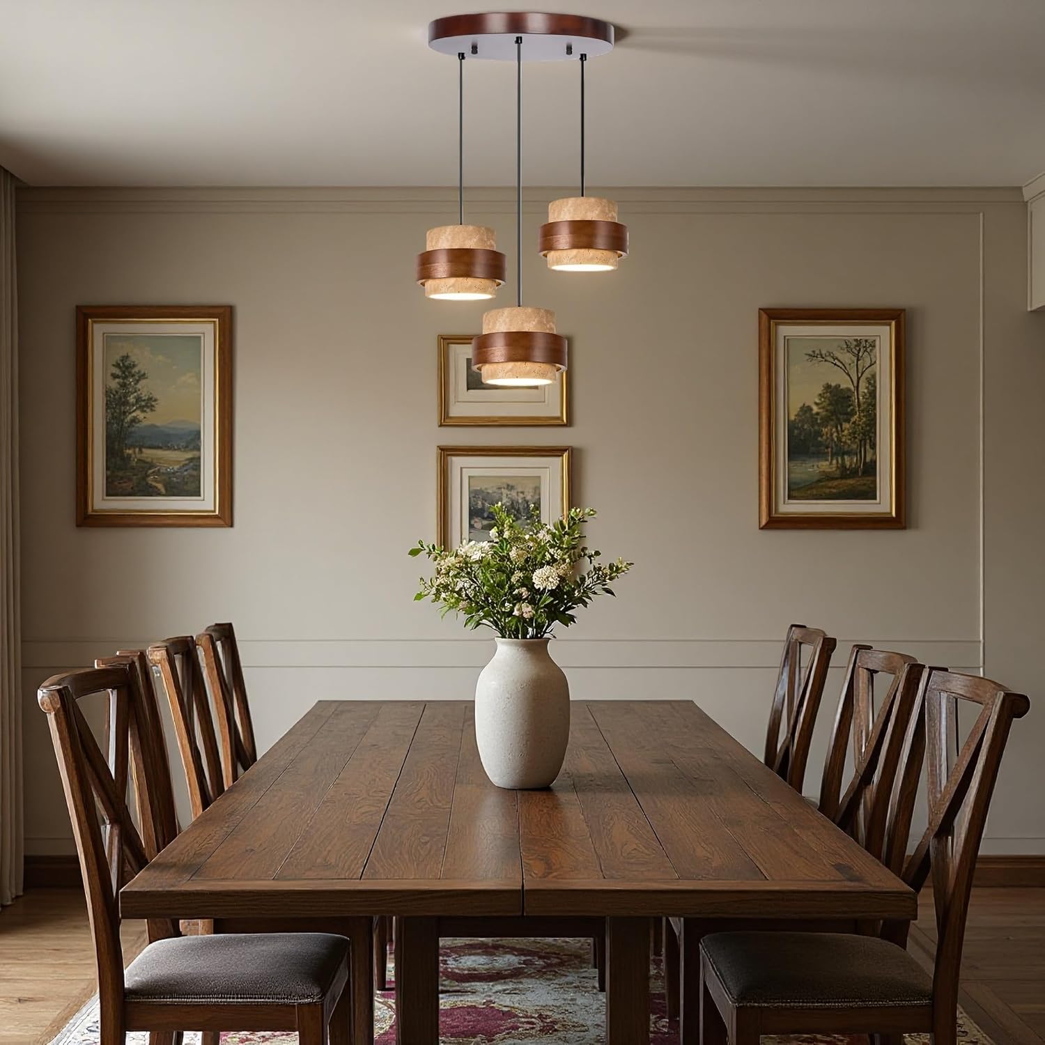 Wabi Sabi Pendant Light - Japandi Nordic Fixture Lamp, Natural Wood & Stone Concrete Chandelier for Japanese Bedroom, Kitchen Island & Dining Room (Yellow Travertine Rotund 3-Head)