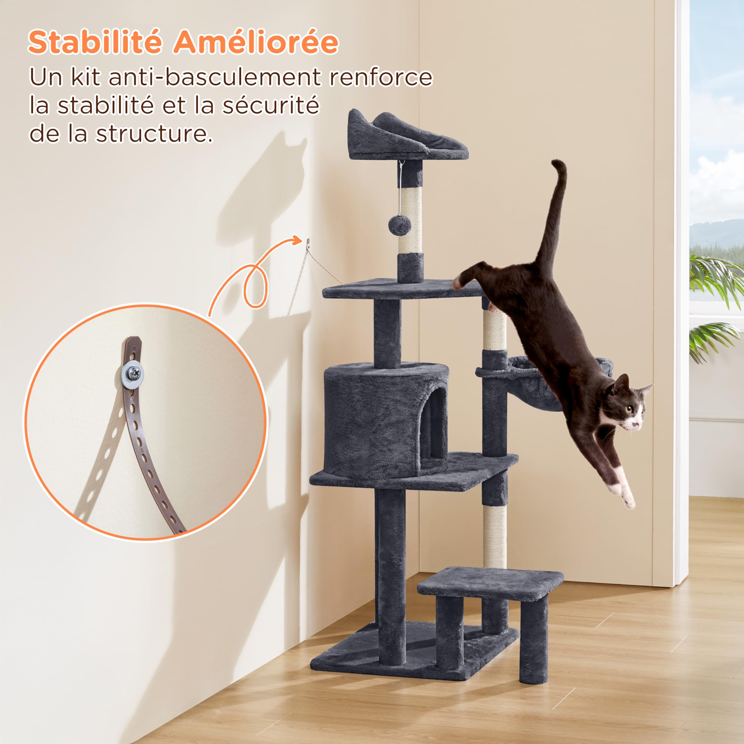 Yaheetech Arbre à Chat Multiniveau Tour pour avec Perchoir Oreilles de Cachette Panier Plateforme Poteaux Griffer Centre d’activités Taille 145 cm Haut Gris Foncé 48,5 × 40,5