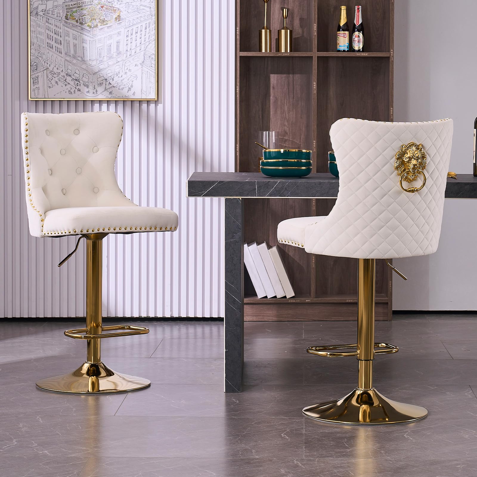KHISCHMO Set of 2 Luxury Velvet Bar Stools, 360° Swivel Adjustable Counter Height Chairs with Lion Knocker, Gold Metal Base, Upholstered Breakfast Stools for Kitchen Island Bar, Golden White