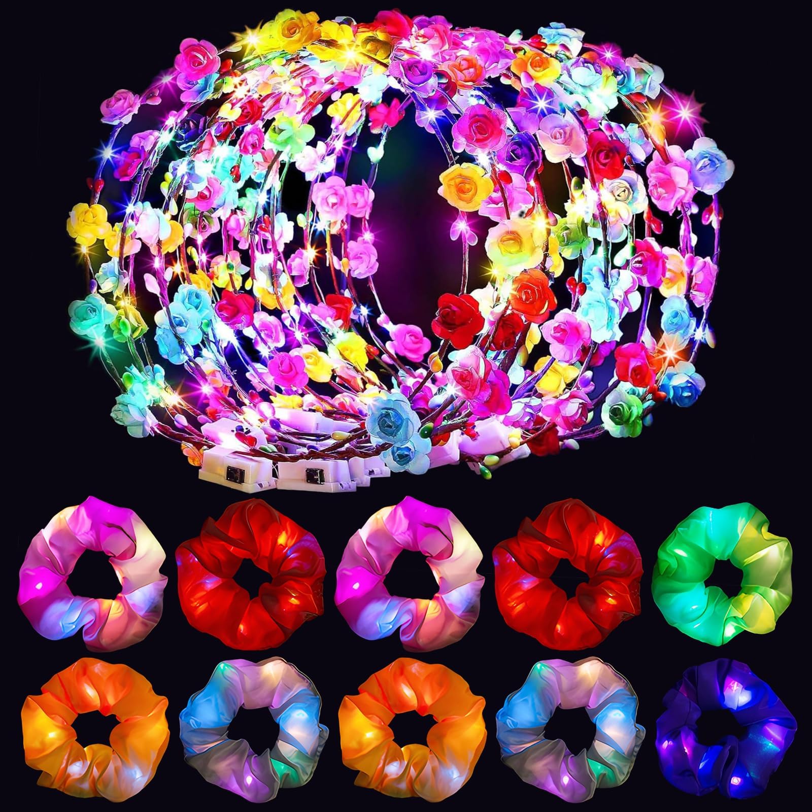 LED Flower Headband 10 pcs (Multi-Colour) Light Up Flower Crown With 10 pc light up scrunchies For Woman Girls Hair Accessories for All Types of Party`s Christmas Halloween Birthday