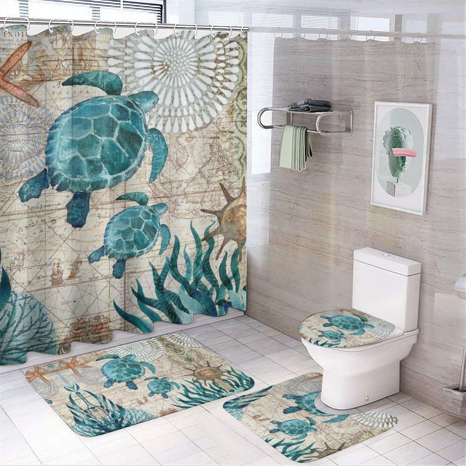 JiuPopular Bathroom Mat Set 4 Piece, Cool Turtle Shower Curtain with Non-Slip Bath Mats for Bathroom