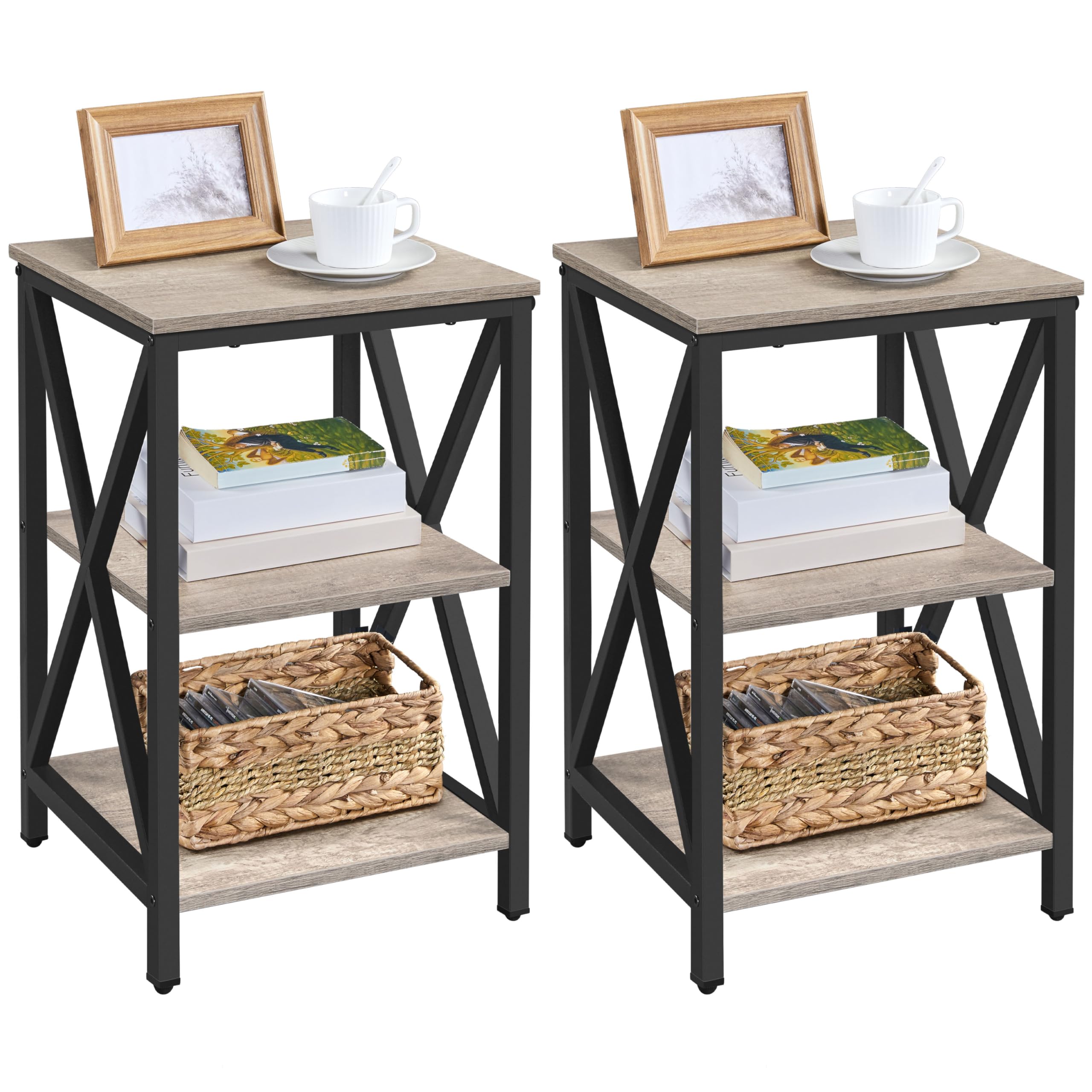 YaheetechIndustrial End Tables Set of 2, 3-Tier Side Tables with Storage Shelves for Living Room, X Design Sofa Tables, Strong Metal Frame, Easy Assembly, 16x16x24.5 in, Gray